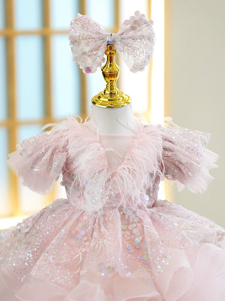 Pink Princess Round Tea Length Organza Flower Girl Dress for Weddings, Parties & Special Occasions