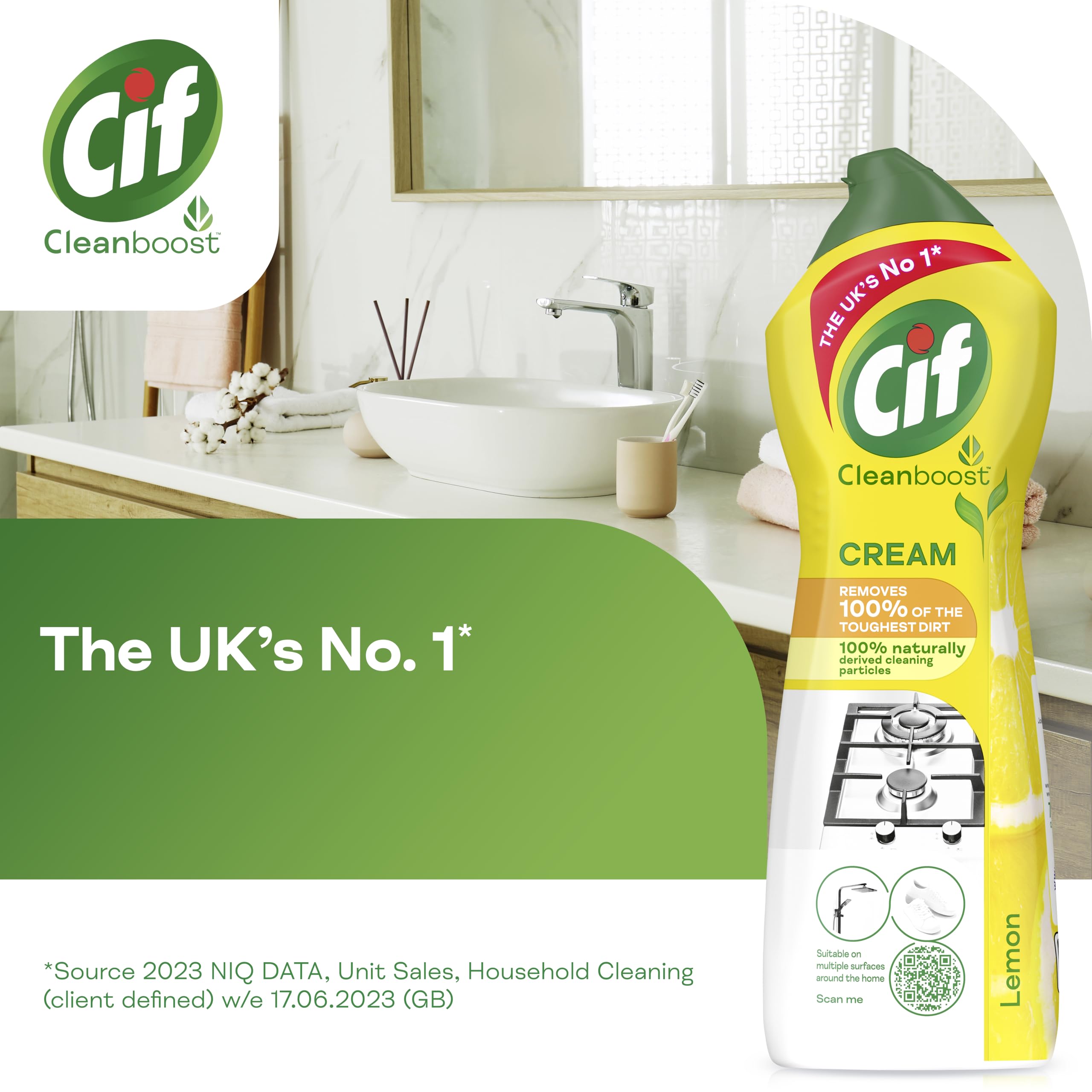 Cif Lemon Cream Cleaner 750ml - 100% Natural Multipurpose Surface Cleaner for Kitchen, Bathroom & Floors | Removes Tough Stains & Dirt | Eco-Friendly Household Cleaning Solution