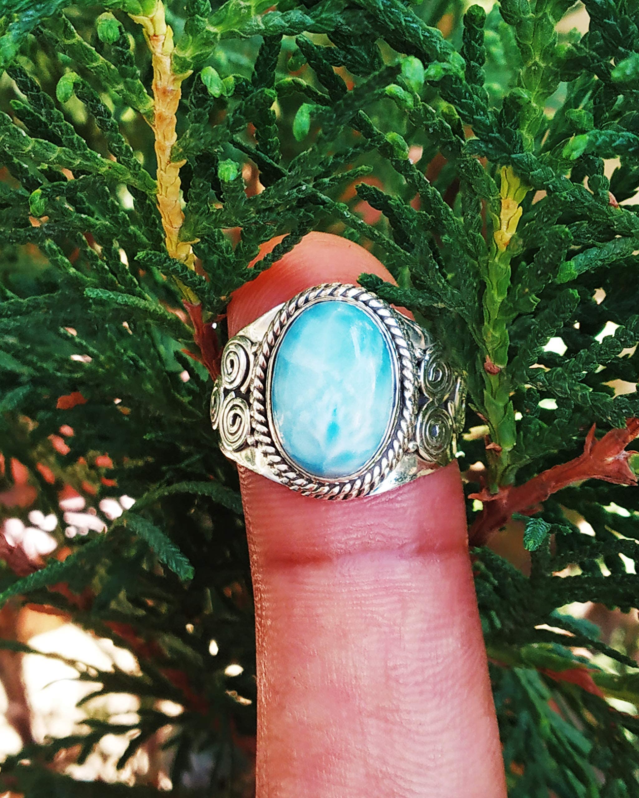 Larimar Ring - 92.5% Sterling Silver Dominican Sky Stone Jewelry | Boho Healing Blue Stone Vintage Style Ring | Perfect for Engagement Gifts, BFF Presents & Spiritual Healing | Handcrafted Artisan Jewelry for Women