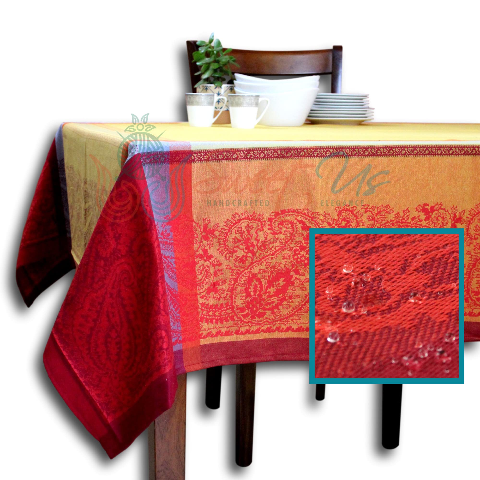 Spill-Resistant Wipeable Tablecloth - Teflon Coated Floral Paisley Cotton French Provencal Jacquard Fabric for Rectangle Tables (62 x 98 Inches) in Pineapple Yellow & Burgundy Red | Perfect for Dining Rooms, Kitchens, and Outdoor Entertaining