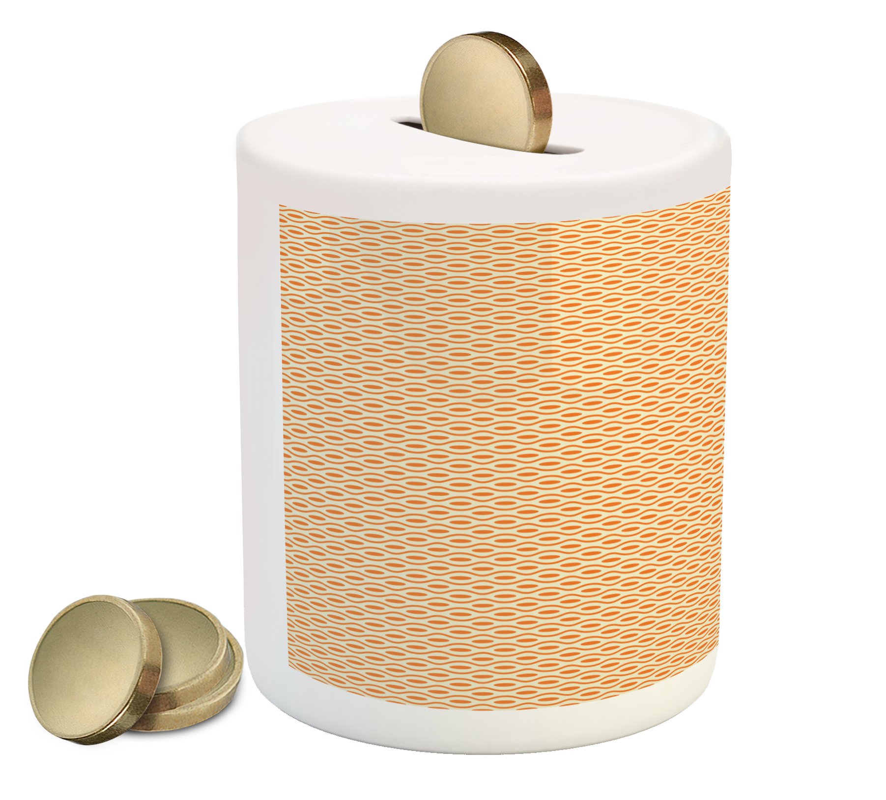 Ambesonne Vintage Ceramic Piggy Bank - Retro Orange Wavy Pattern with Elliptic Dots, Symmetric Design Coin Bank for Cash Savings | Perfect Gift for Kids Birthday, Housewarming & Money Saving Decoration
