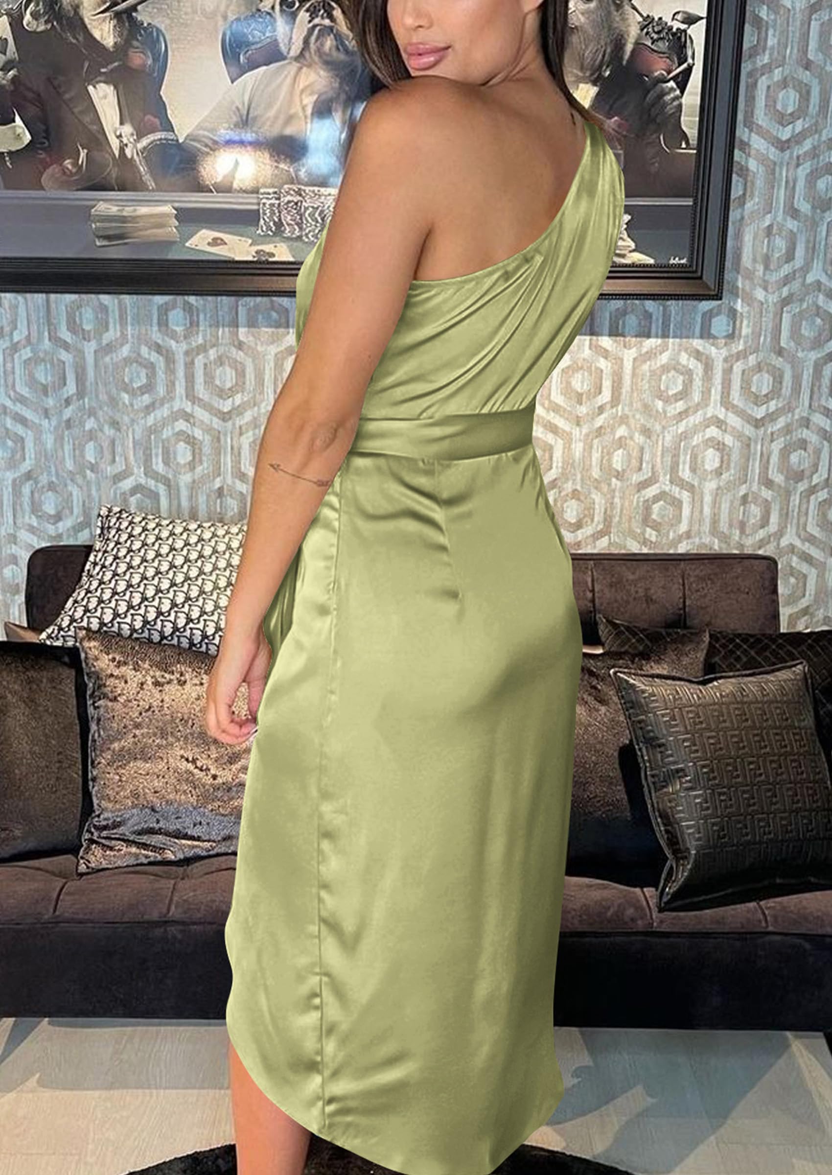 PRETTYGARDEN Women's Sexy Ruched Bodycon Dress - Sleeveless One Shoulder Wrap Cocktail Dress for Wedding Guest, Party, Date Night - Summer Satin Midi Dress for Women