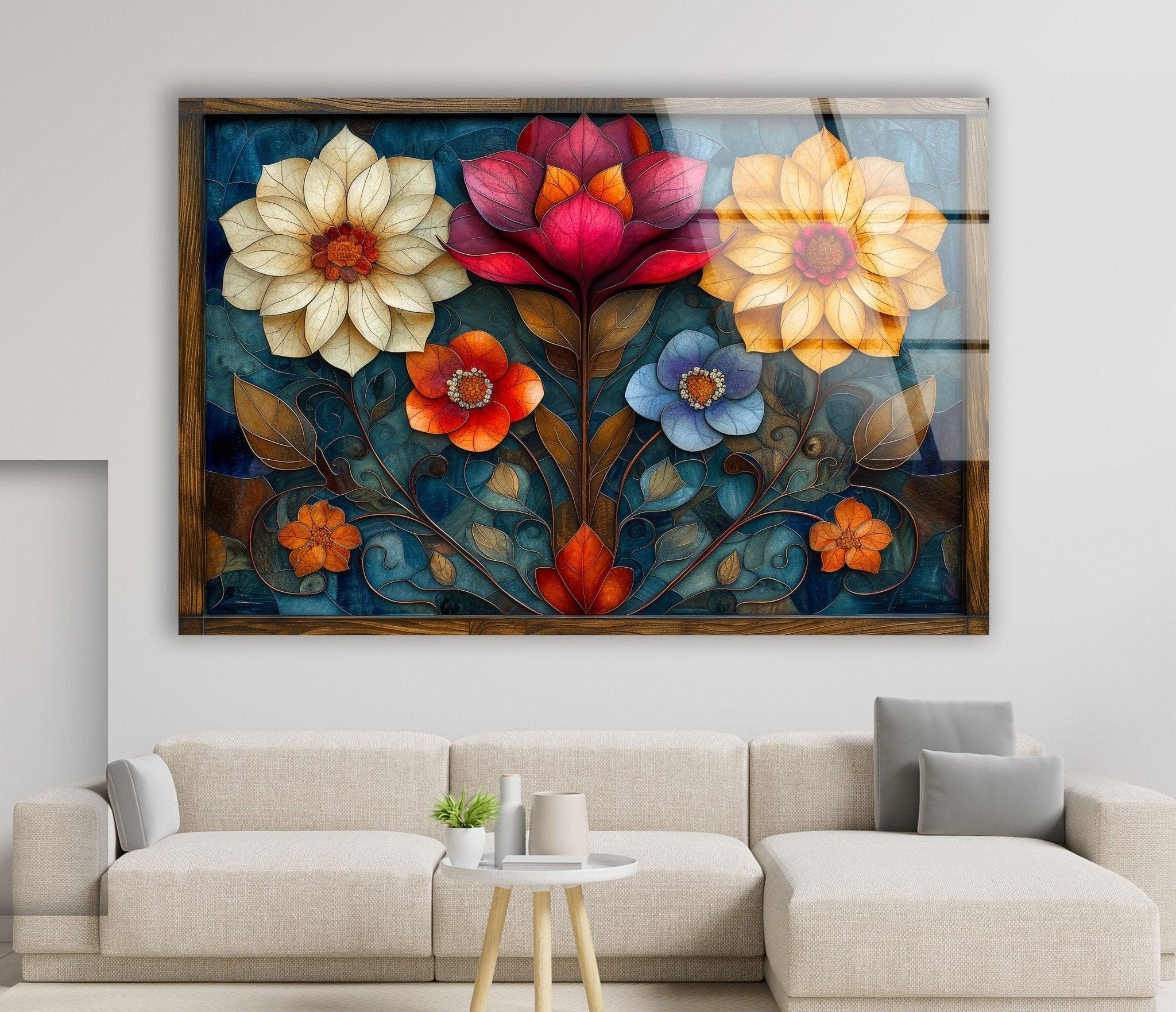 Art Nouveau Flowers Glass Wall Art - Handmade Stained Glass Decor for Home & Office - Perfect for Living Room, Bedroom, or Gift