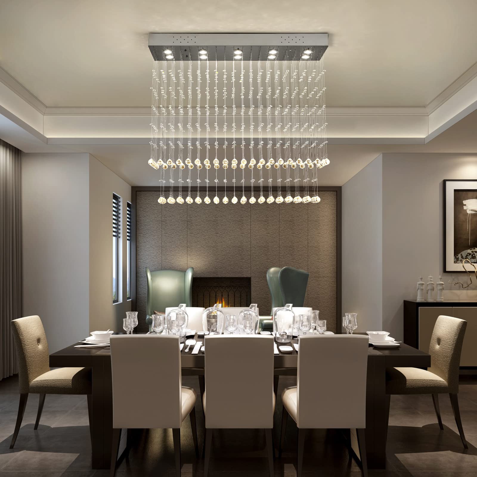 Moooni Modern Rectangular Crystal Chandelier - 10-Light Raindrop Pendant Ceiling Light Fixture for Dining Room, Foyer, Kitchen (47