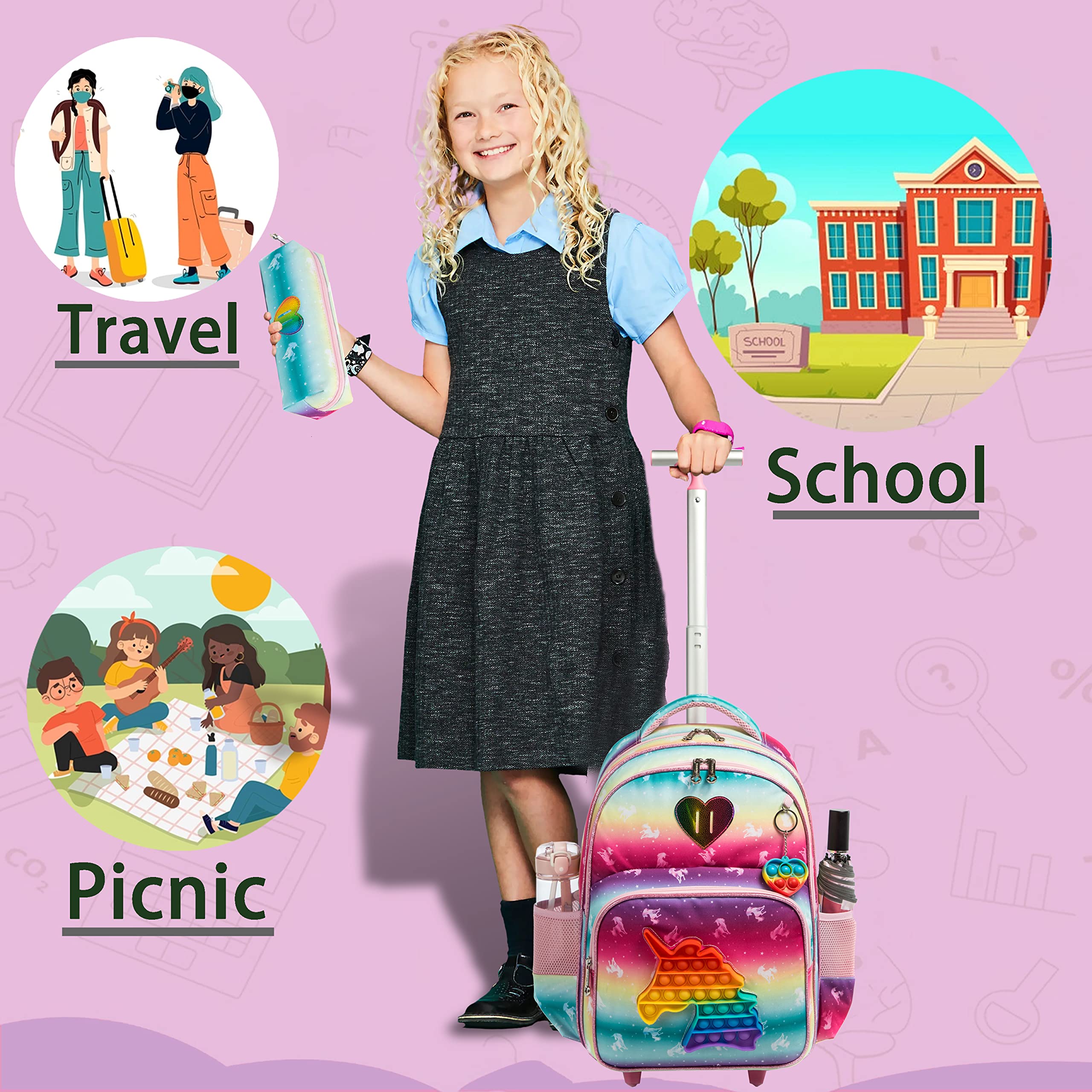 Meetbelify Unicorn Rolling Backpack for Girls - Wheeled School Backpack with Lunch Box & Pencil Case for Elementary Students - Perfect for Travel, School Trips & Daily Commute
