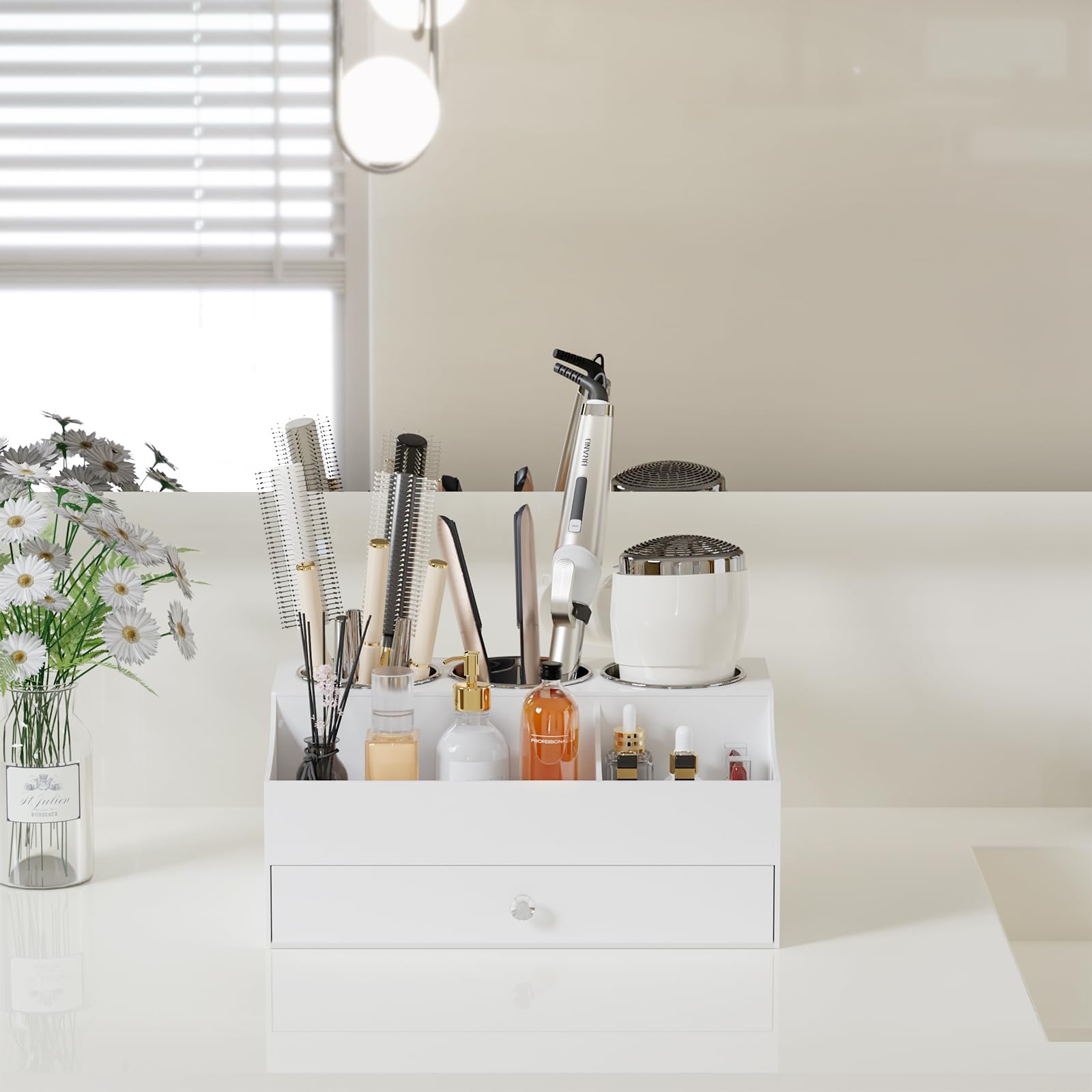 **Acrylic Hair Tool Organizer Stand for Blow Dryer, Straightener & Curling Iron – Bathroom Vanity Countertop Storage for Hair Styling Tools & Makeup Accessories (White) – Perfect for Salon, Home & Travel Use**
