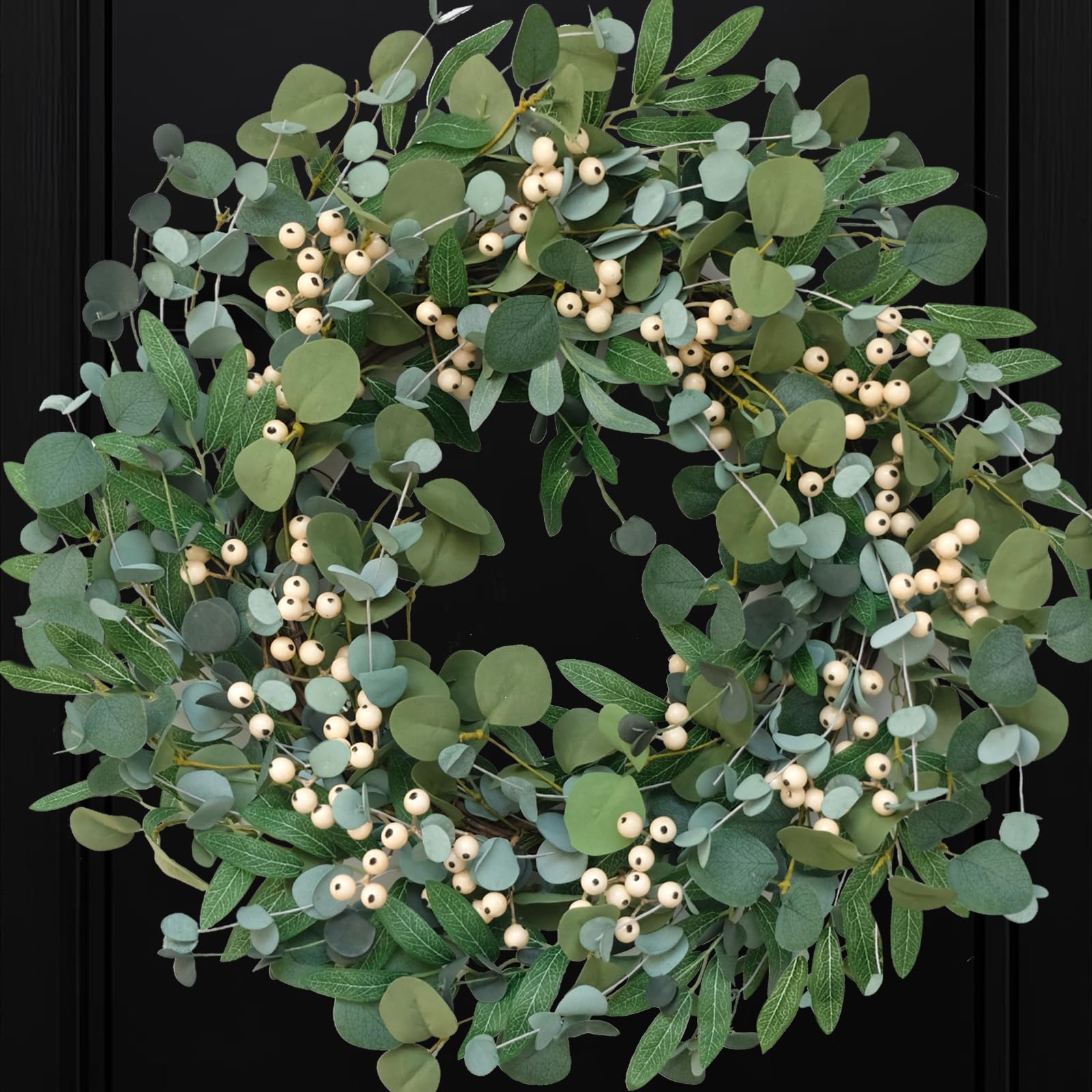 22 Inch Artificial Spring Summer Wreath for Front Door - Evergreen Eucalyptus Decoration with Berries - All Season Indoor Outdoor Home Decor for Parties, Weddings & Seasonal Celebrations