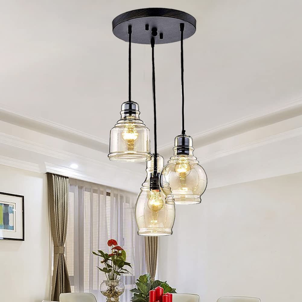 MoreChange Modern Black Ceiling Pendant Light with 3 Amber Glass Shades - Kitchen Island Lighting, Dining Room Chandelier for Home Decor | Perfect for Farmhouse, Industrial & Contemporary Interiors