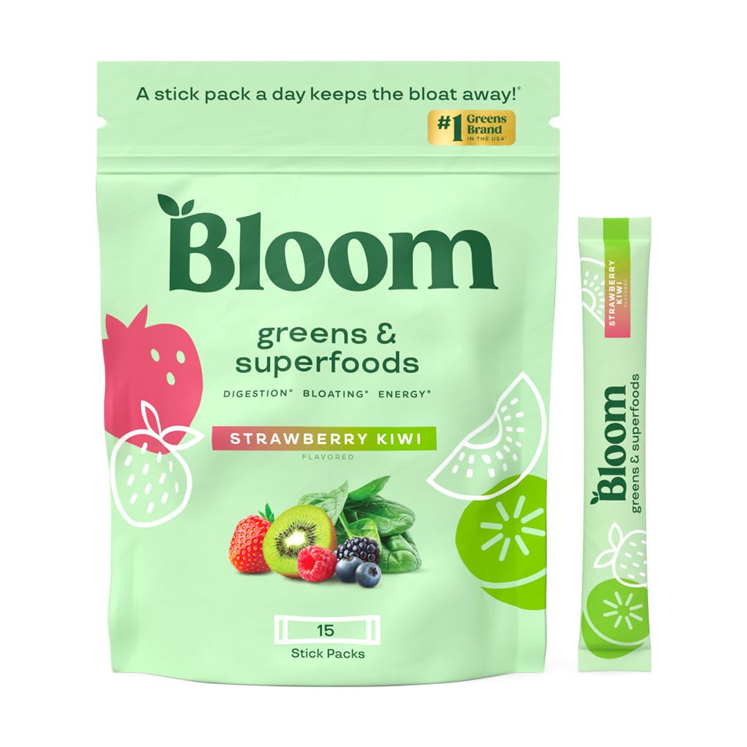 Bloom Nutrition Greens & Superfoods Powder Packets - Digestive Health Supplement with Probiotics, Enzymes, Spirulina & Chlorella for Gut Support & Bloating Relief - 15 Stick Packs, Strawberry Kiwi Flavor - Perfect for Travel, Workouts & Daily Wellness Routine