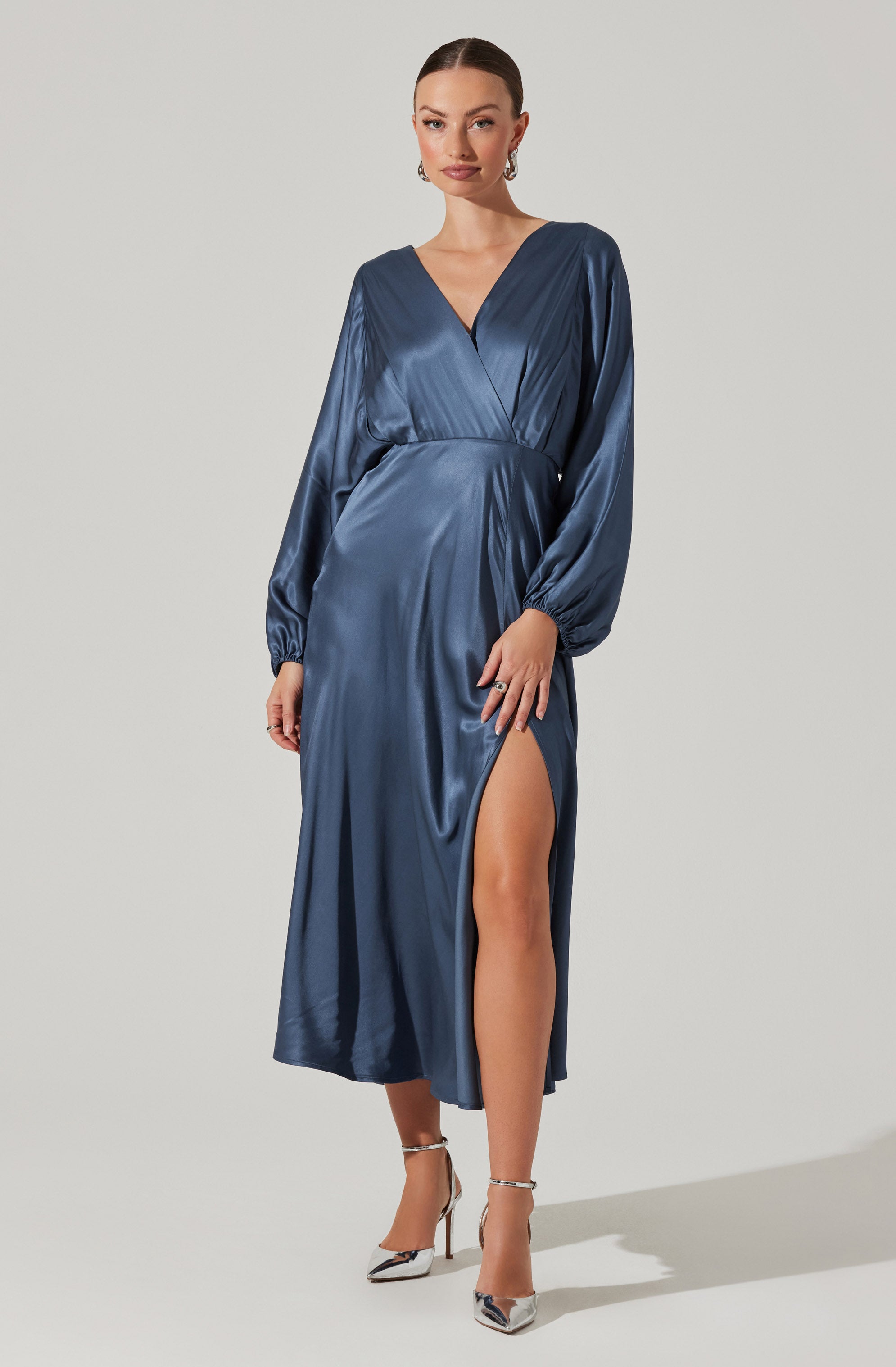 Kimiko V Neck Midi Dress for Women - Elegant Flowy Summer Dress with Side Slits | Perfect for Weddings, Parties & Office Wear