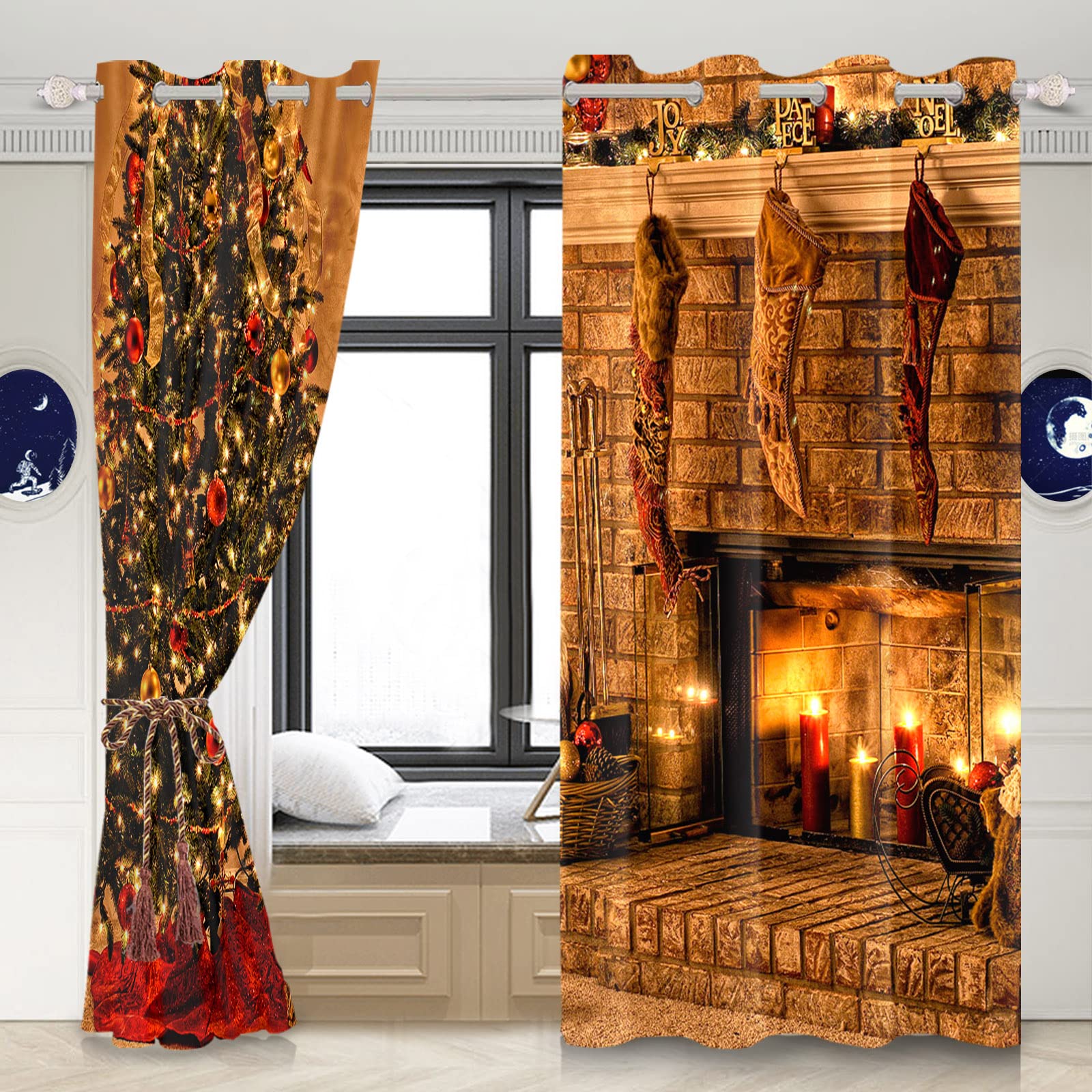 Blackout Thermal Insulated Grommet Curtains Set of 2 Panels - 42x84 Inches, Christmas Tree & Fireplace Design for Bedroom & Living Room | Perfect for Holiday Decor, Light Blocking & Energy Saving