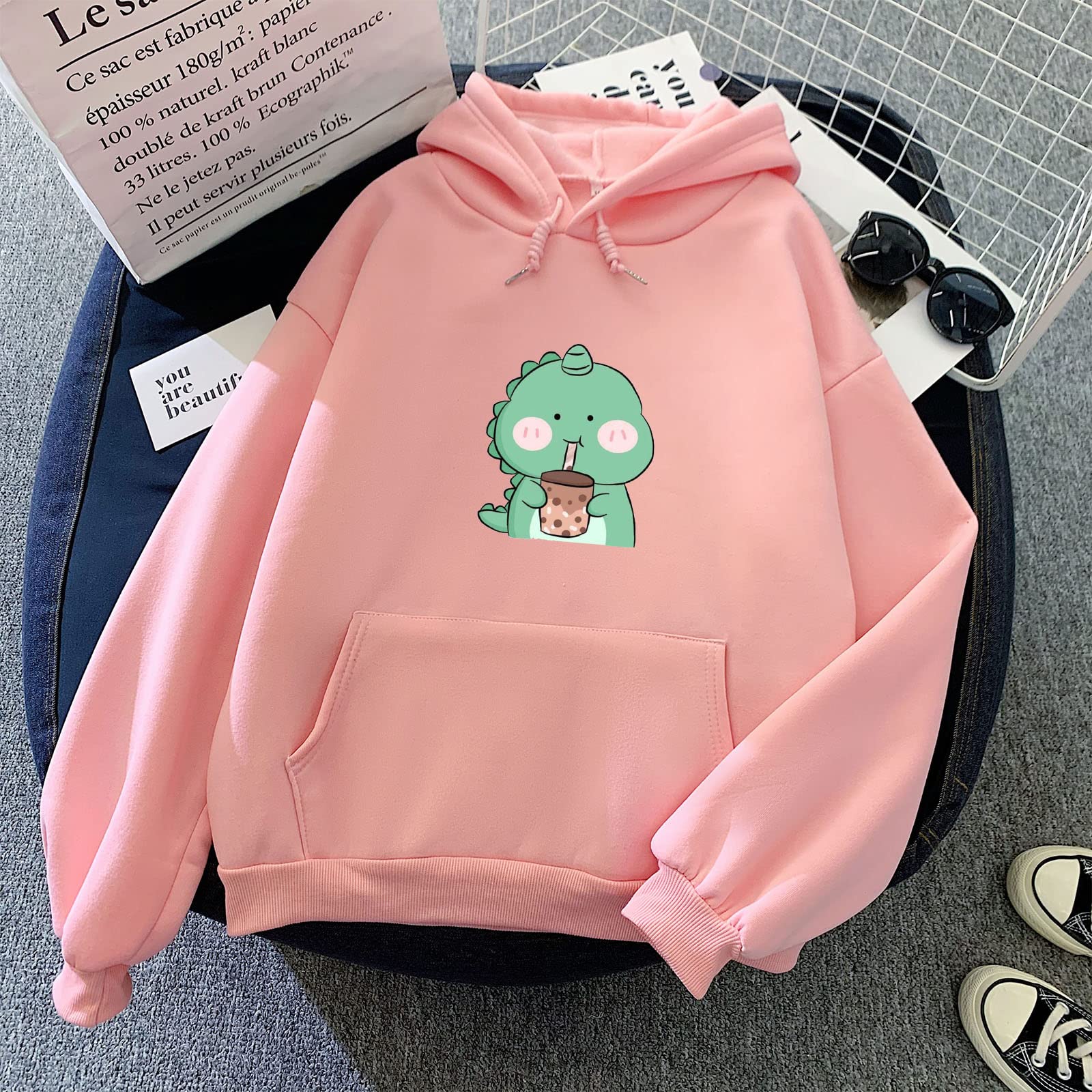 Women's Cute Cartoon Dinosaur Print Long Sleeve Hooded Sweatshirt - Casual Pullover with Drawstring & Pocket - Perfect for Everyday Wear, School, and Outdoor Activities