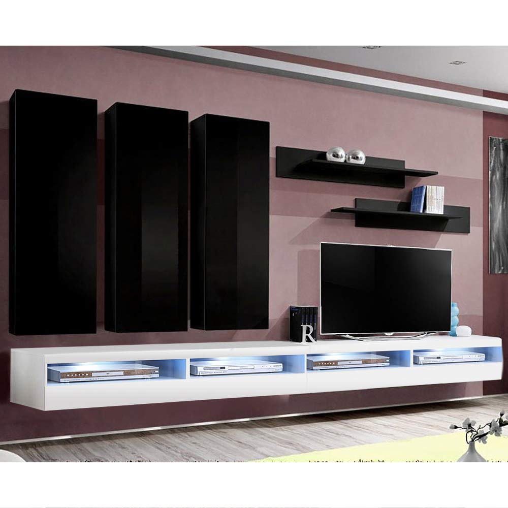 Modern Floating TV Stand with Storage & LED Lights - Wall-Mounted Entertainment Center for Bedroom & Living Room - E1 35TV Console with Shelves in Black/White - Perfect for Small Spaces & Home Theater Setup