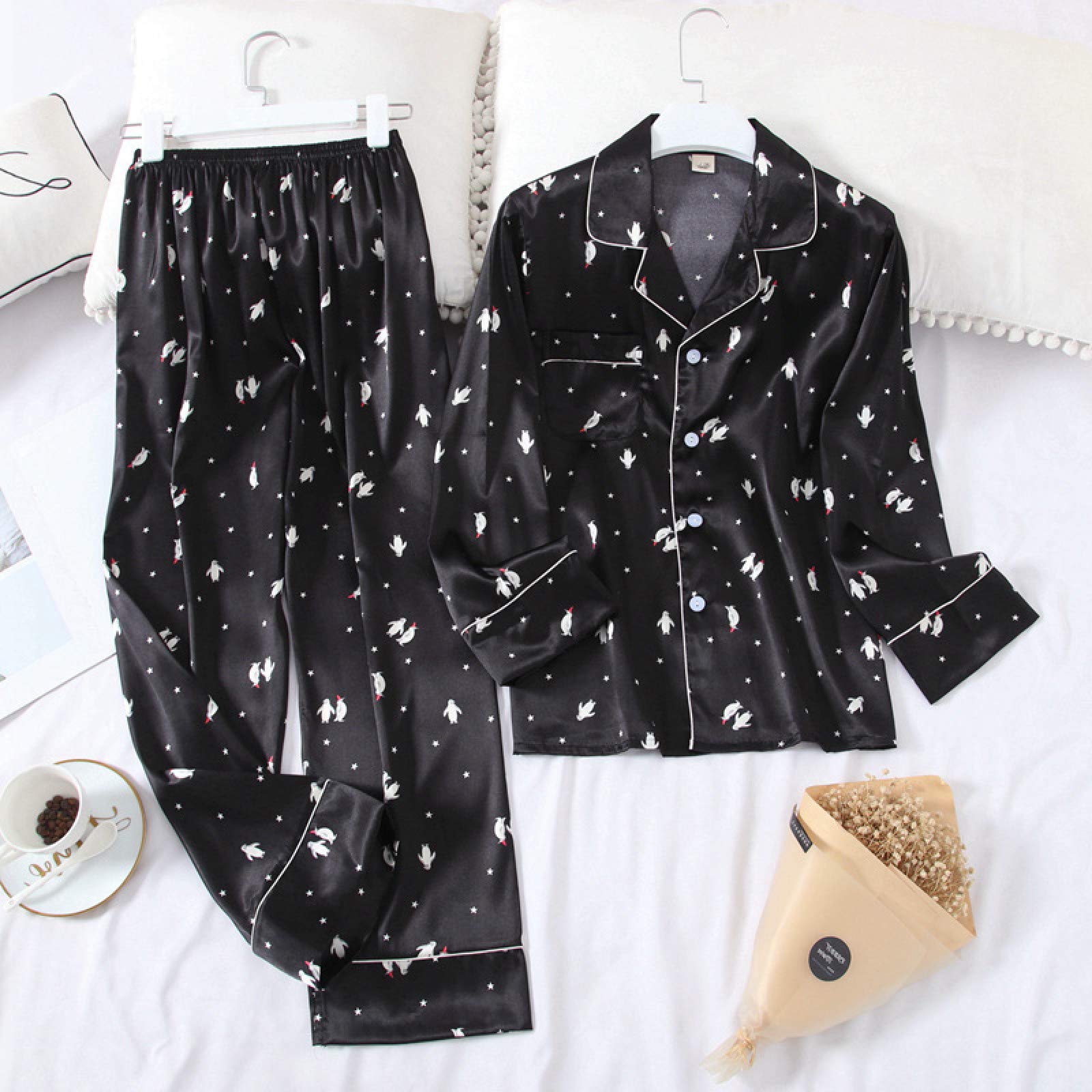 FMOGG Women's Long Sleeve Ice Silk Satin Pajama Set with Lapel Collar & Penguin Print - Soft Sleepwear for Lounge, Travel and Home Comfort (Black)