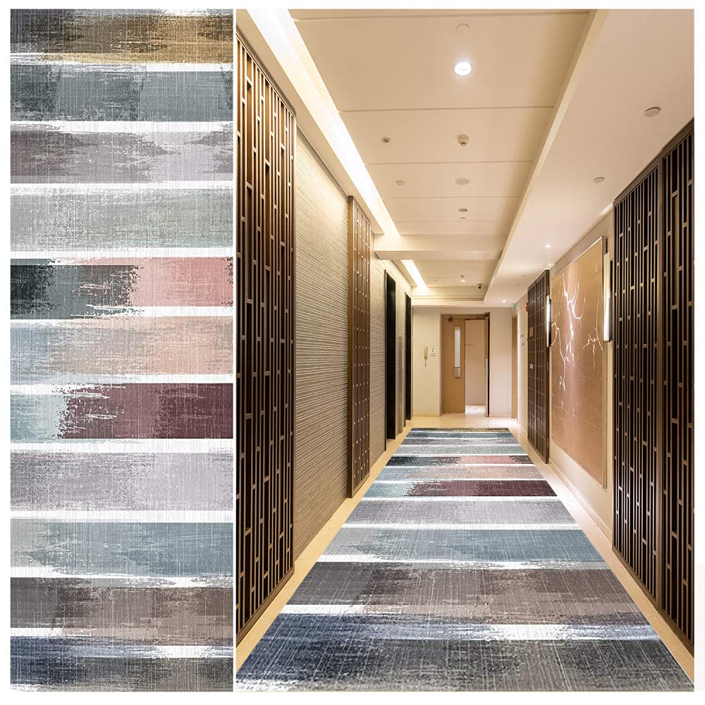 Non-Slip Abstract Runner Rug 3' x 14' - Washable Rubber Backing Indoor Carpet for Hallway, Living Room, Kitchen - Gray Brown Home Decor for Modern Spaces
