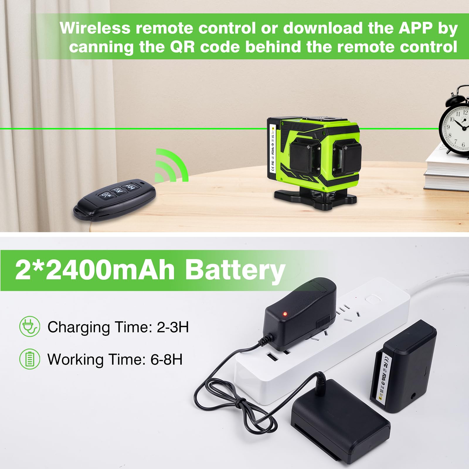 Self-Leveling Laser Level Tool - 3x360° Cross Line Green Laser for Construction, Picture Hanging & DIY Projects | High Accuracy Measurements | Includes 2 Rechargeable Batteries & Carry Case | Perfect for Home Renovation, Tile Installation & Wall Decorating