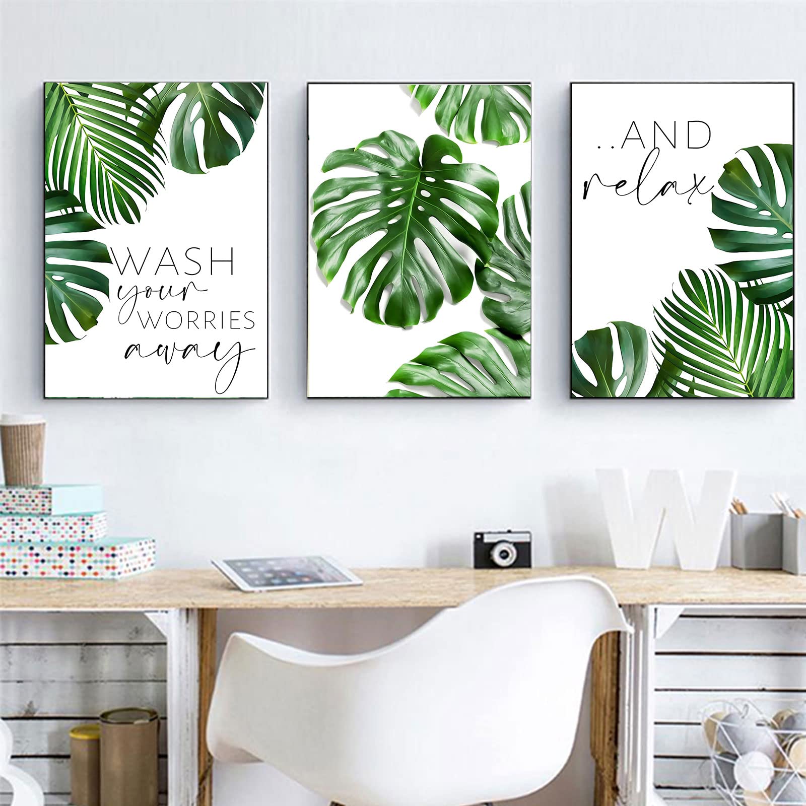 Set of 3 Monstera Tropical Leaf Wall Art Prints - 16x24 Inch Green Botanical Plant Posters, Nordic Style Canvas Decor for Living Room, Bedroom & Office - Modern Unframed Home Decor (Botanical Theme)