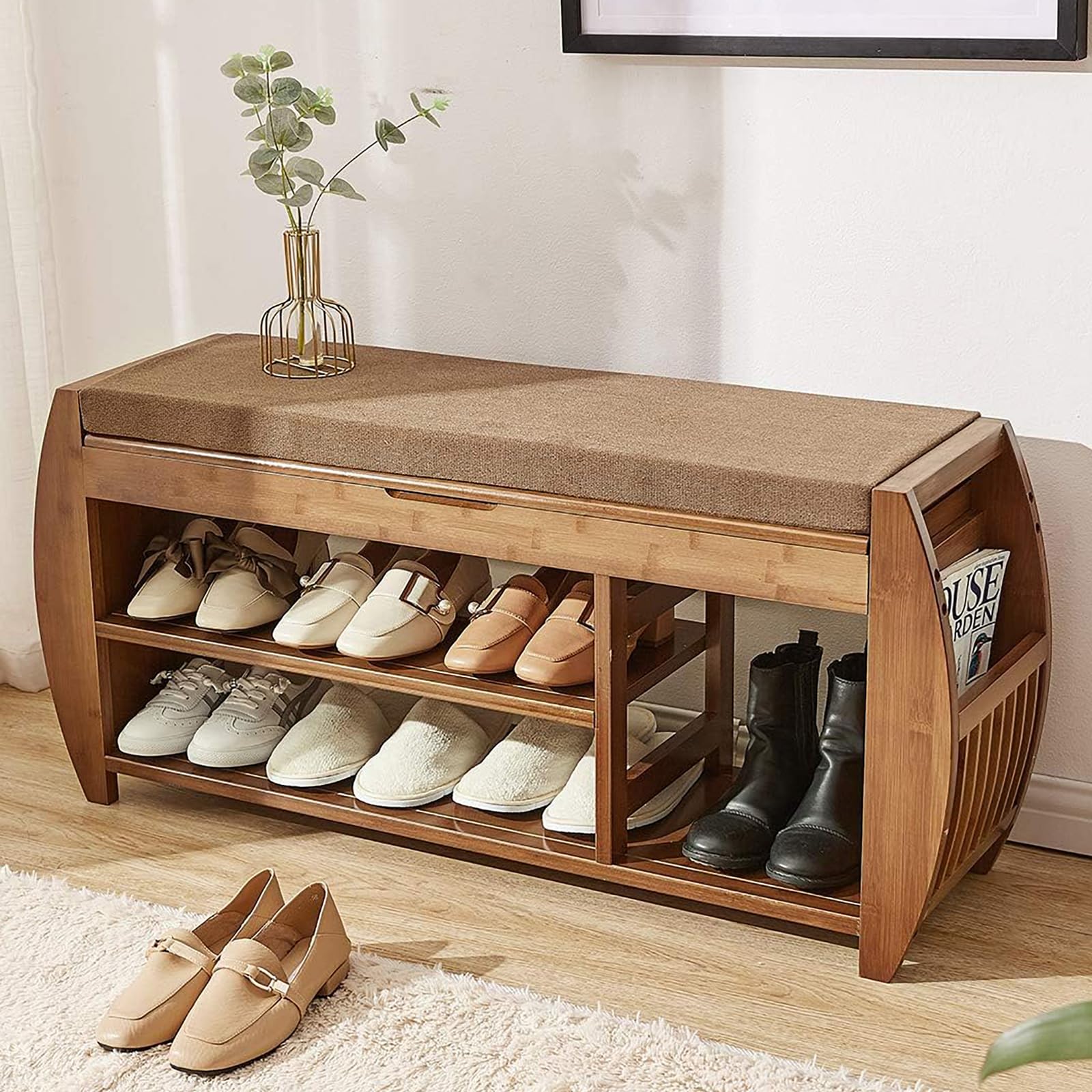 Bamboo Shoe Rack & Shoe Bench with Detachable Cushion - Entryway Storage Organizer for Hallway, Bathroom, Living Room & Garden - Multi-Functional Furniture with Hidden Storage Compartment | Perfect for Small Spaces, Home Organization & Entryway Decor