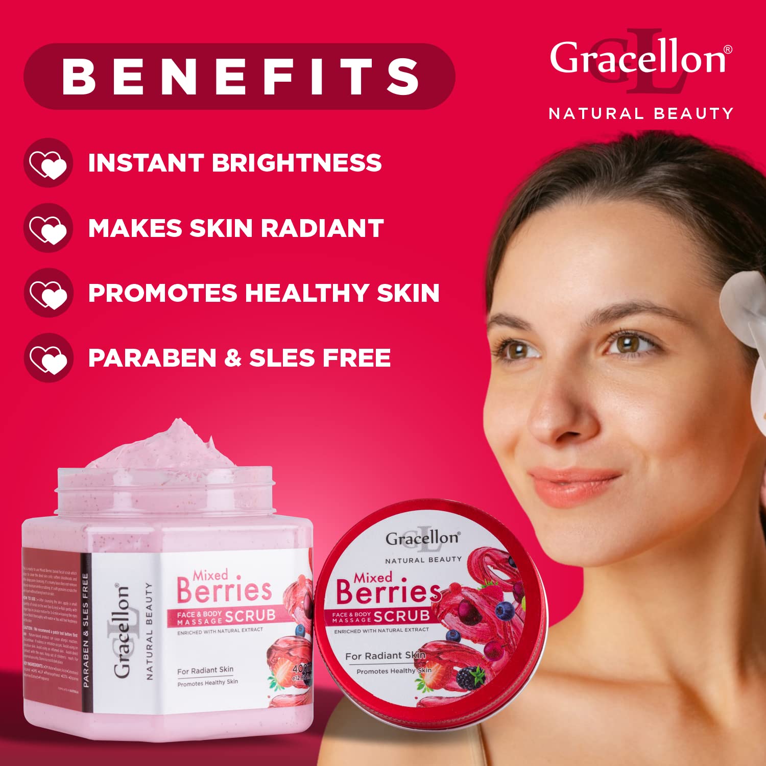 Gracellon Mixed Berries Face & Body Scrub - Natural Exfoliator for Instant Brightness & Radiant Skin | Paraben & SLES Free | Promotes Healthy Skin | Perfect for Daily Skincare & Spa Treatments