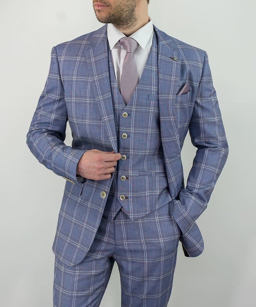 Cavani Galante Men's Blue Check Slim Fit Prom Suit - Formal Wedding, Dinner Party & Special Occasion Outfit