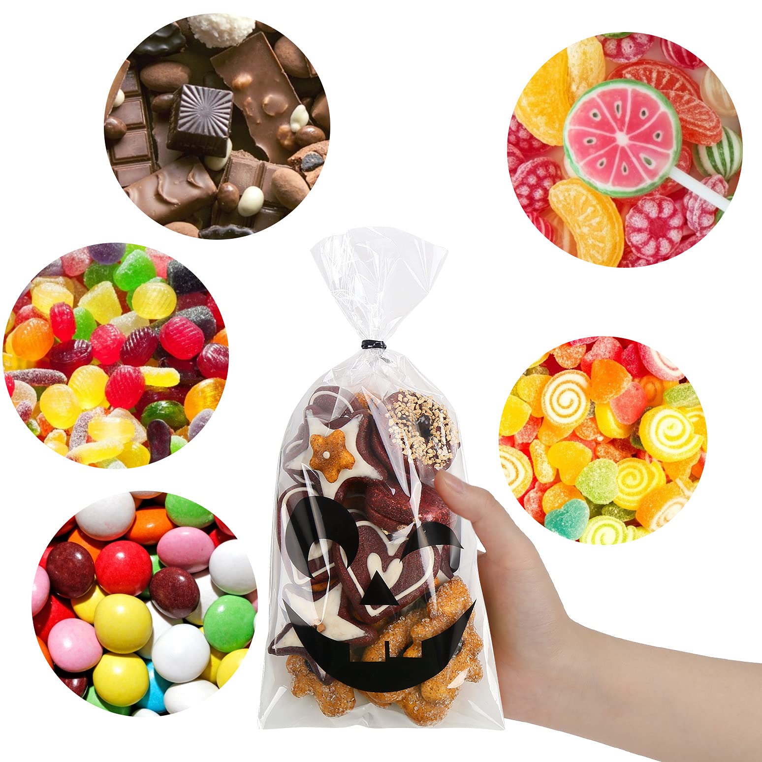 STEFORD Halloween Cellophane Bags 120PCS with Twist Ties for Party Favors & Candy Treats