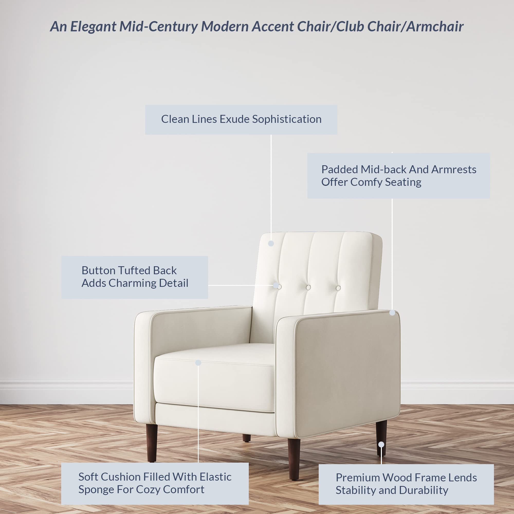 BELLEZE Mid Century Modern Velvet Accent Chair - Tufted Back Comfy Armchair for Living Room, Bedroom & Office - Upholstered Lounge Reading Chair (White Valencia) - Perfect for Small Spaces, Apartments & Cozy Corners