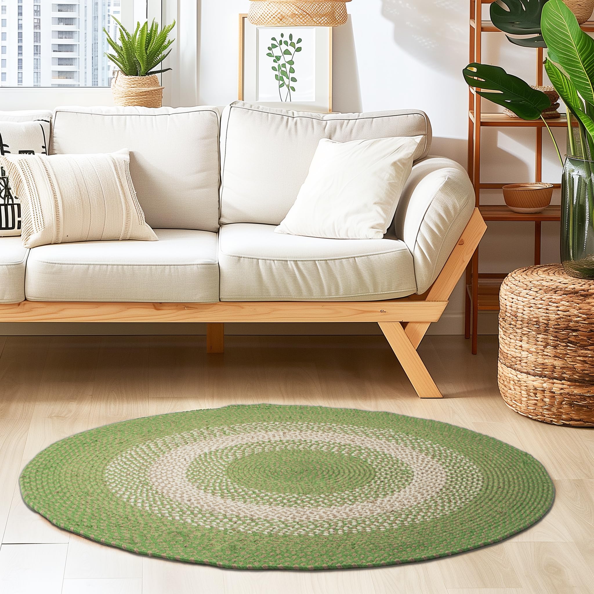 Super Soft Braided Area Rug - 4' Round Green & Taupe Beige Indoor/Outdoor Rug for Dining Room, Patio, Porch | Durable & Stylish Home Decor for Living Spaces