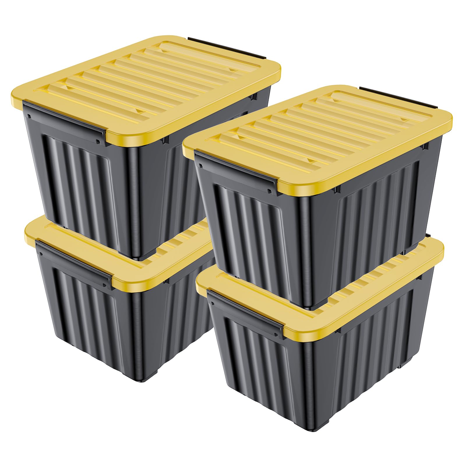 Nazhura 97 Quart Plastic Storage Bin - Stackable & Nestable Storage Boxes with Secure Latching Buckles, Large Organizer Container for Home, Garage & Office (Black/Yellow, 4-Pack) - Perfect for Seasonal Decor, Toys, Clothes & Household Organization