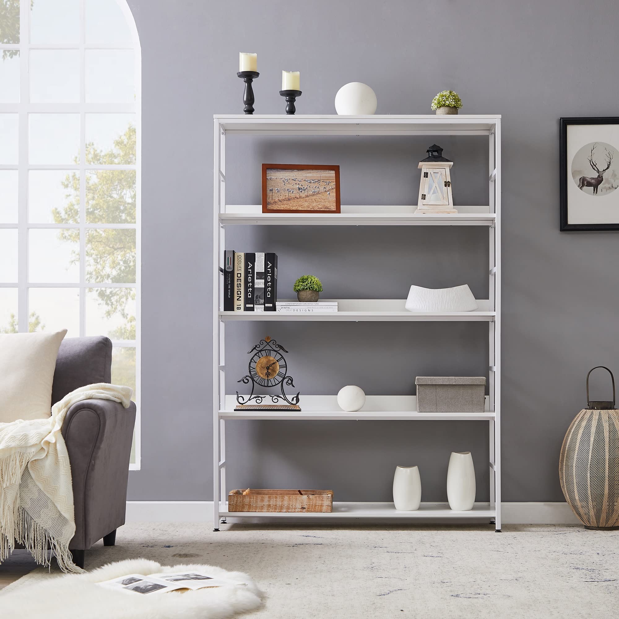Merax 5-Tier Bookcase - 68.9 Inch Tall Open Bookshelf with Metal Frame for Home Office, Living Room & Bedroom Storage (White) - Perfect for Organizing Books, Decor & Essentials