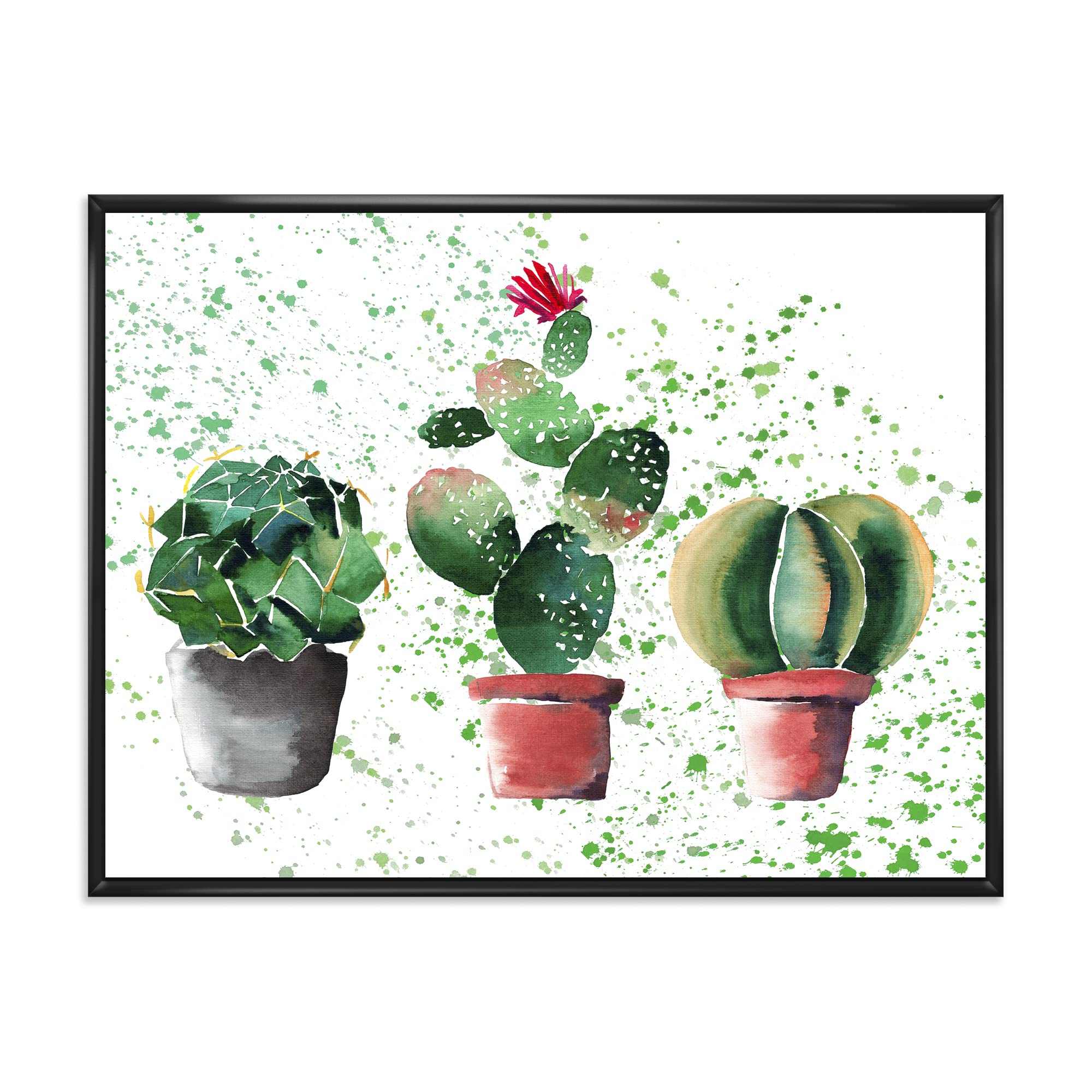 DesignQ Three Cacti In Clay Pots - Traditional Framed Canvas Wall Art Print for Home & Office Decor | Perfect for Living Room, Bedroom, Kitchen Wall Decoration