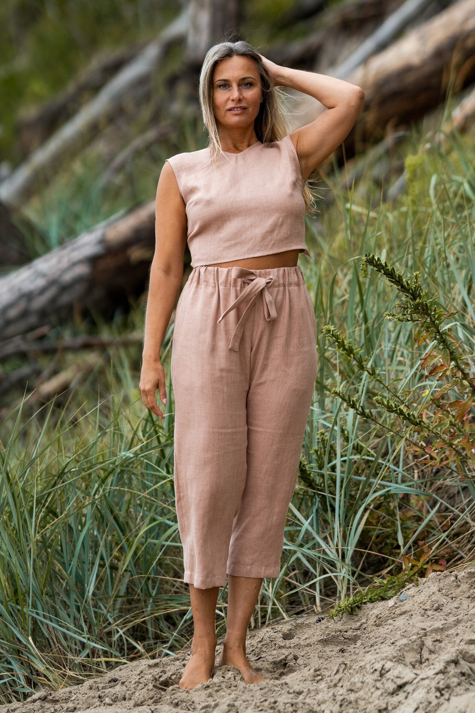Breathable Linen Pants for Women - IEVA High Waisted Wide Leg Summer Trousers in Soft Powder Color | Perfect for Beach, Vacation & Casual Wear