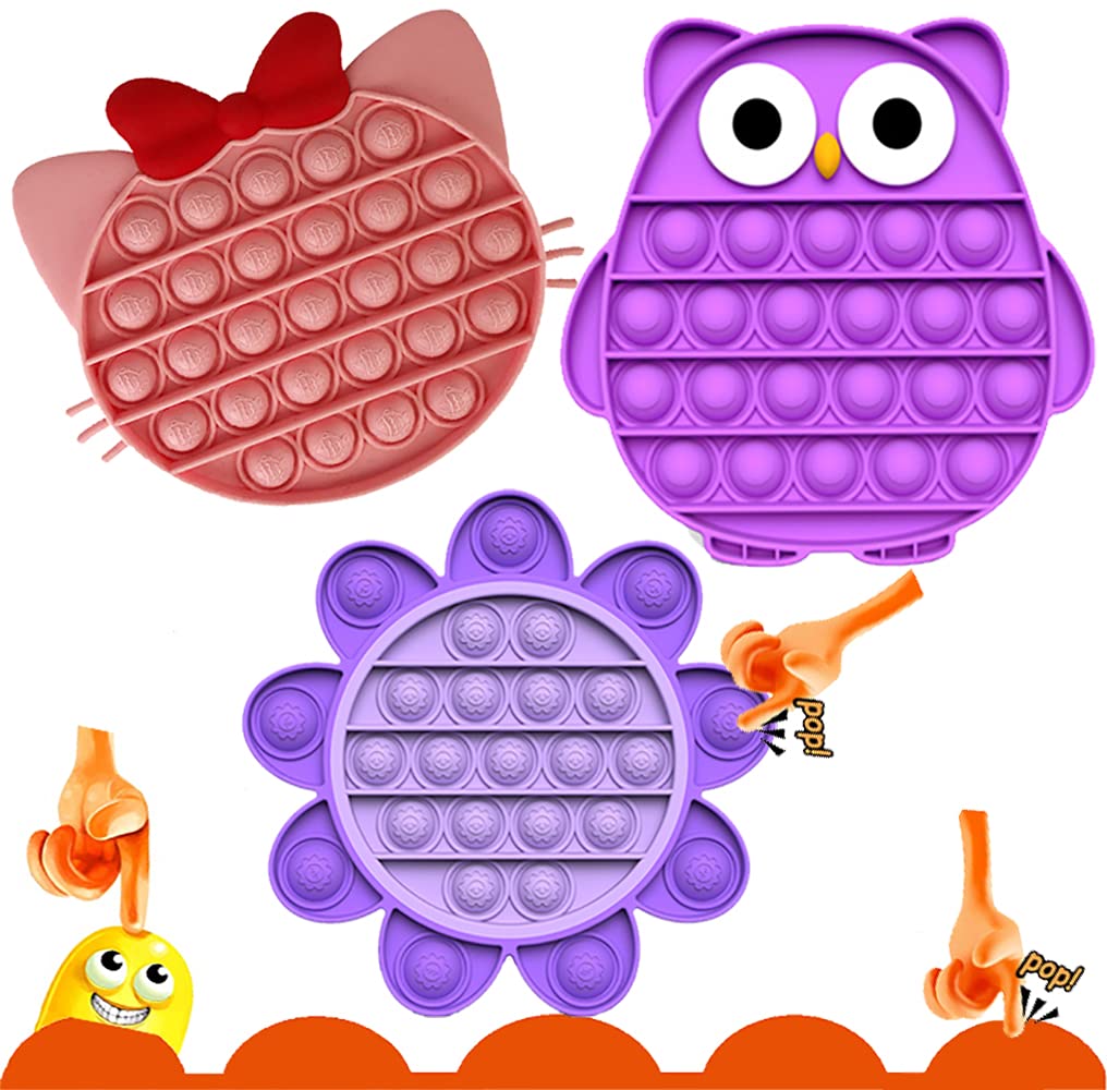 3 Pack Pop It Fidget Sensory Toy - Bubble Popper for ADHD, Anxiety & Stress Relief - Autism Special Needs Silicone Push Game (Pink Cat Flower Owl Design) - Perfect for Classroom, Travel & Sensory Play Therapy