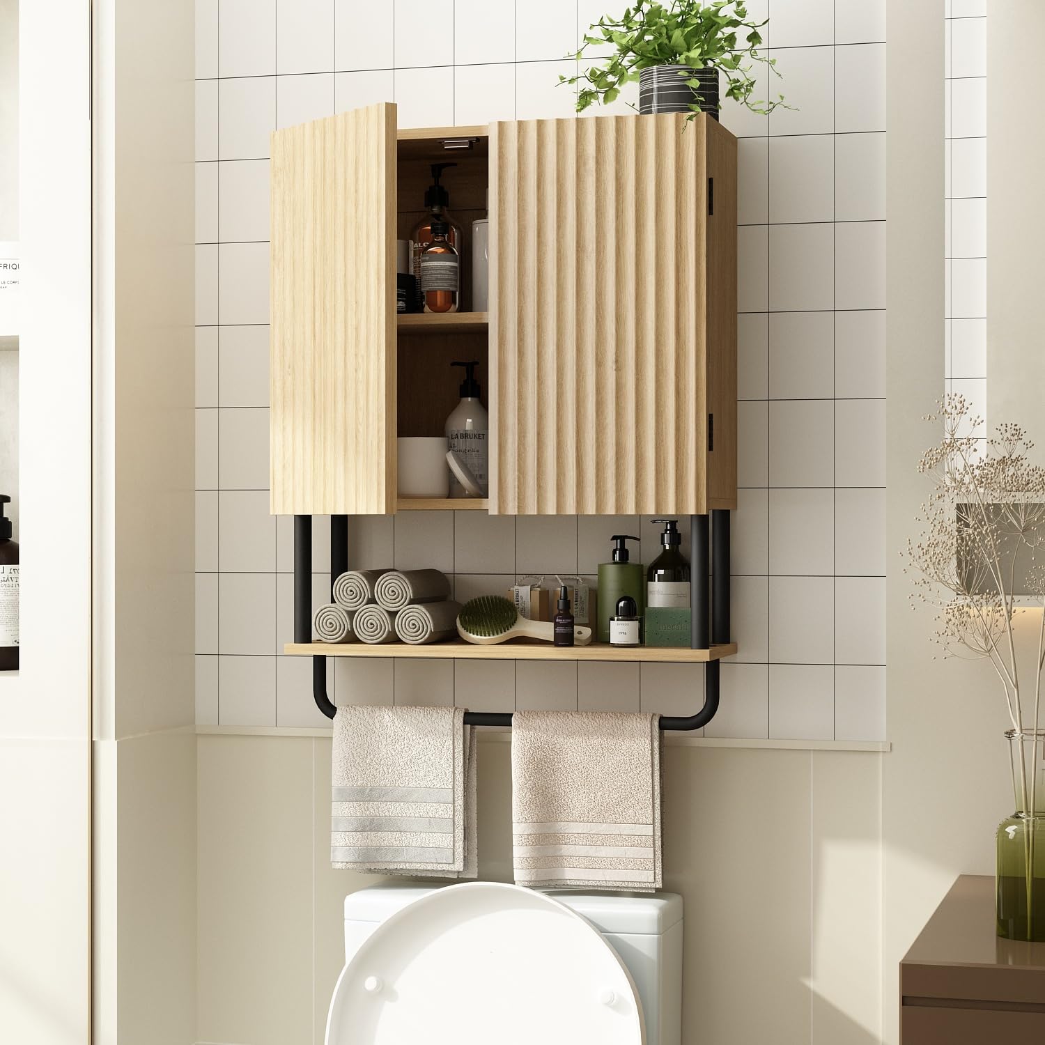 RUSTOWN 2-Door Fluted Bathroom Wall Cabinet - 3-Tier Modern Farmhouse Medicine Cabinet with Adjustable Shelf & Towel Bar - Over The Toilet Storage (Natural, Medium) - Perfect for Small Bathrooms, Vanity Organizer & Towel Storage