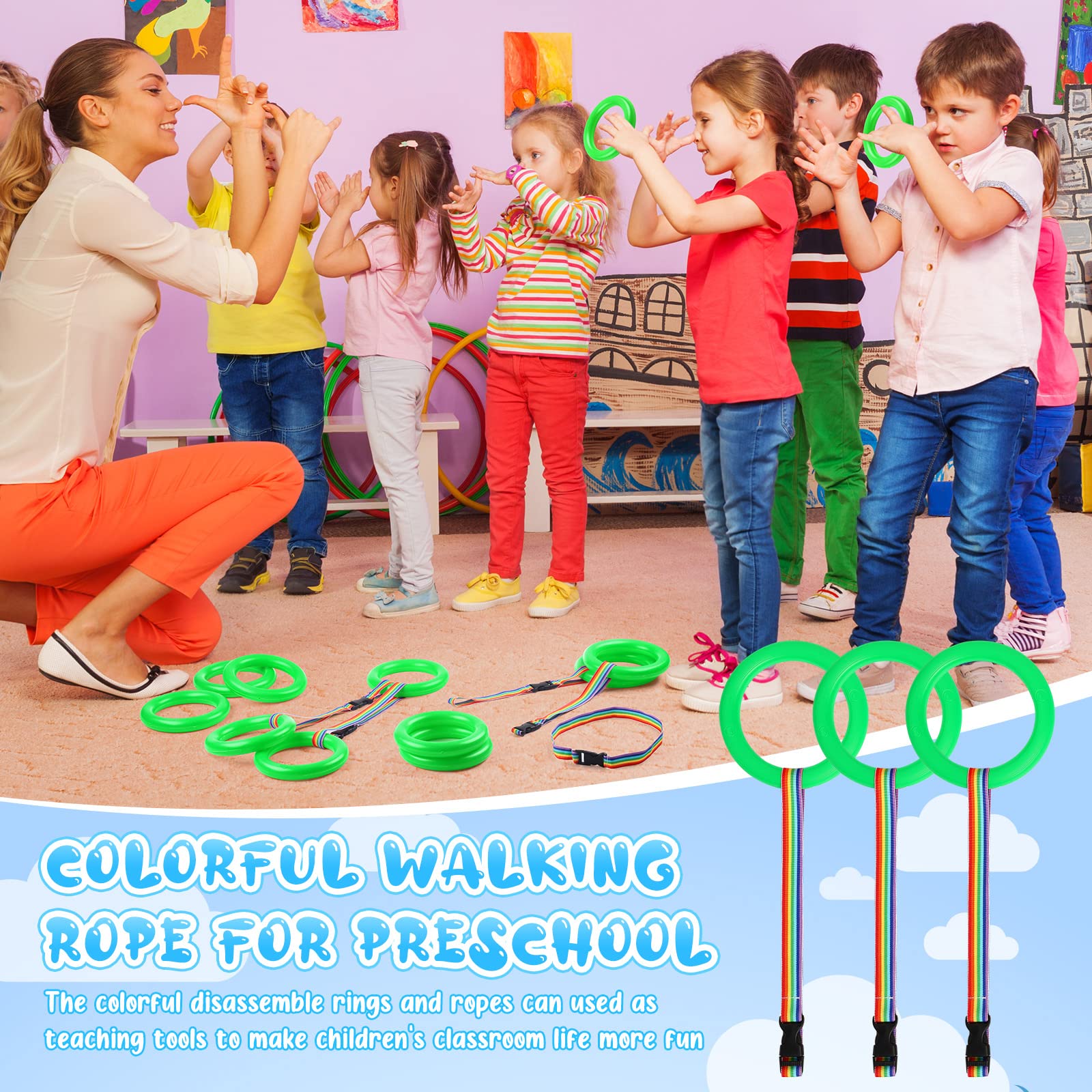 24 Sets Preschool Walking Rope with Safety Handles - Detachable Transition Rope for Toddlers & Kids - Perfect for School, Kindergarten & Outdoor Activities - Classroom Management & Group Walking Safety Tool