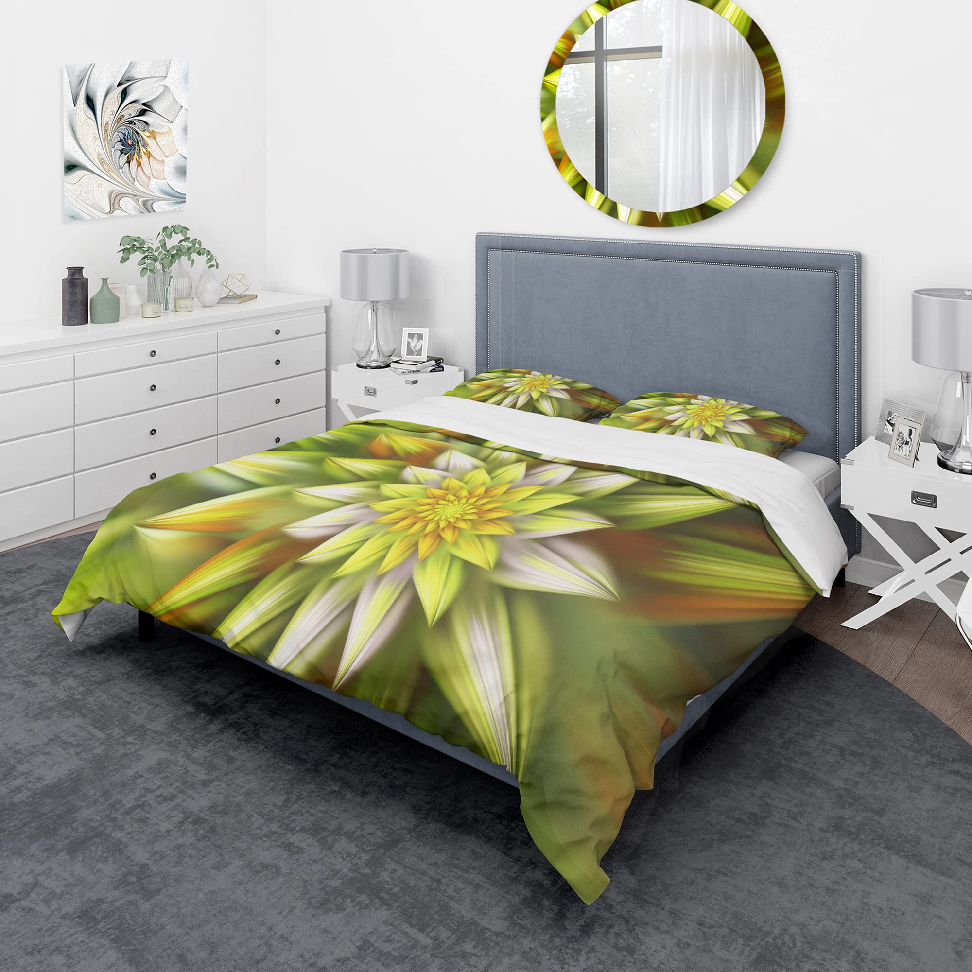 Yellow Fractal Flower Duvet Cover Set King - Modern Floral Bedding for All Seasons