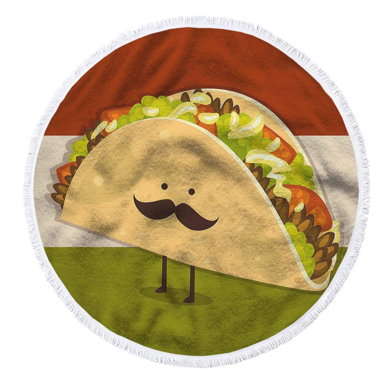 Cute Little Taco Round Beach Towel - Microfiber Cartoon Mustache Sandwich Wrap Blanket for Women, 63 Inch with Tassels | Perfect for Beach, Pool, Picnic & Summer Outings