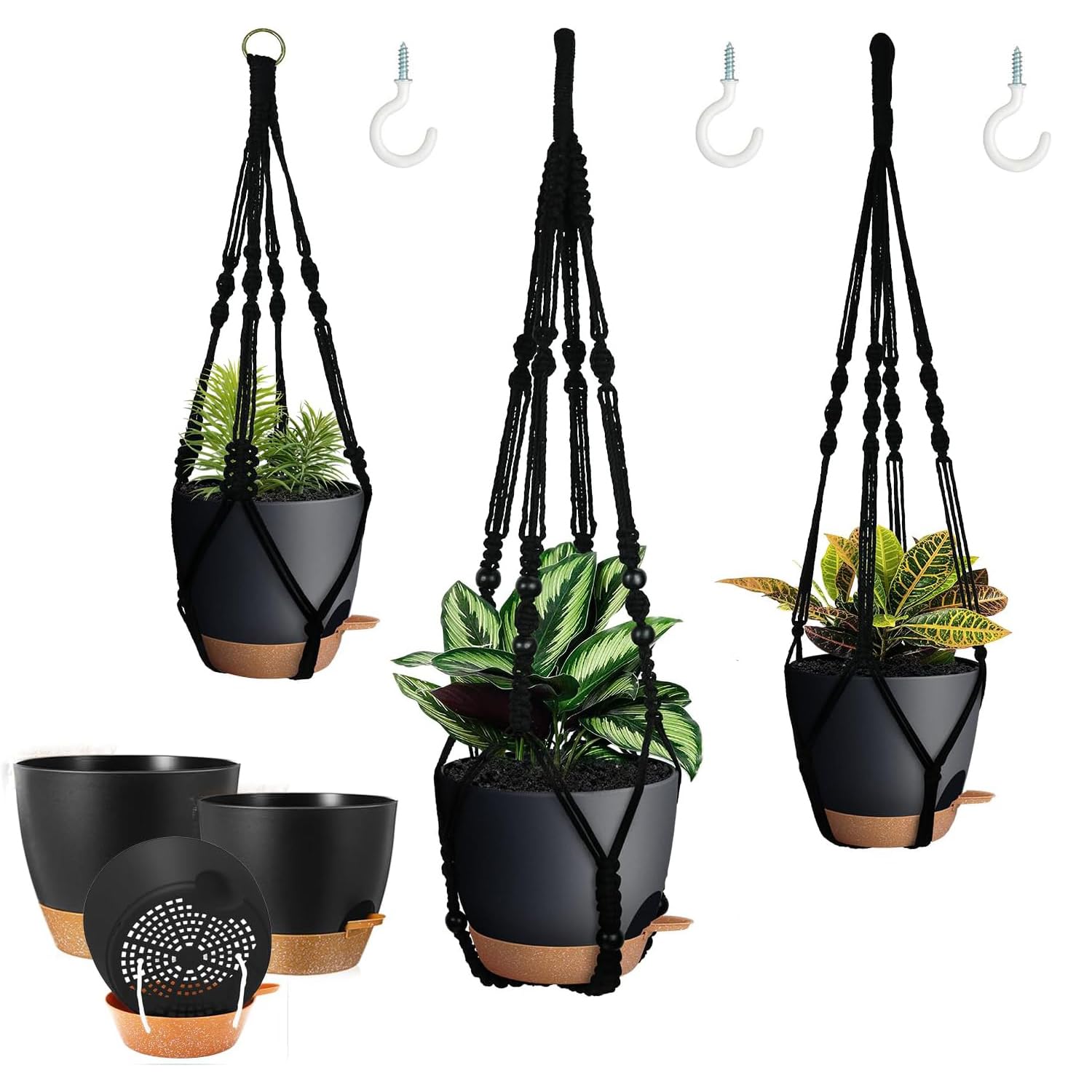 3 Pack Self Watering Hanging Planters - Macrame Plant Hangers with Indoor Flower Pots (3 Sizes) - Hanging Basket with Hooks for Garden, Balcony & Home Decor - Black - Perfect for Indoor Plants, Succulents & Herb Gardens