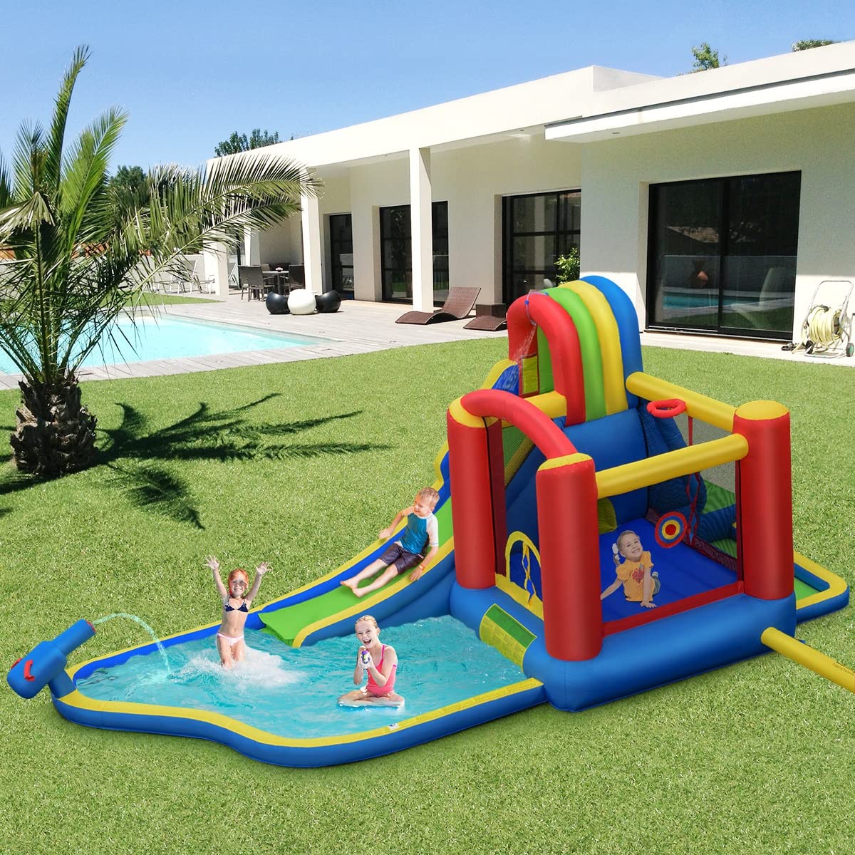**BounTech Inflatable Water Slide for Kids - Outdoor Water Bounce House with Waterslide, Ball Pit & Splash Pool | Wet & Dry Combo Backyard Party Fun - Perfect for Summer, Birthdays & Family Gatherings**
