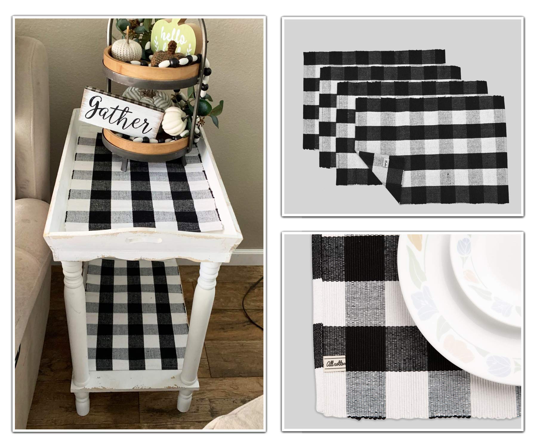 Black Cotton Placemats Set of 4 - Buffalo Plaid Checkered Table Mats 13x18 Inch - 100% Washable Linen Fabric for Dining Table - Rustic Farmhouse Decor for Thanksgiving, Christmas & Everyday Use