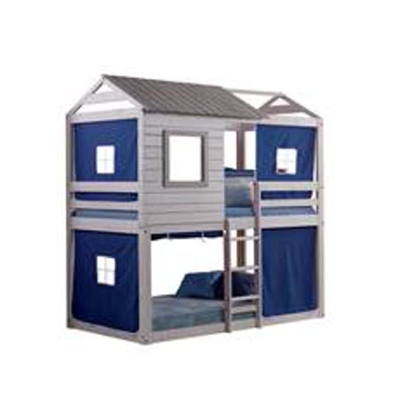 Cartesian Bella Vista Grey Solid Pine Wood Junior Twin Over Twin Standard Loft Bunk Bed with Blue Tent - Space-Saving Kids Bunk Bed for Small Rooms, Dormitories & Sleepovers