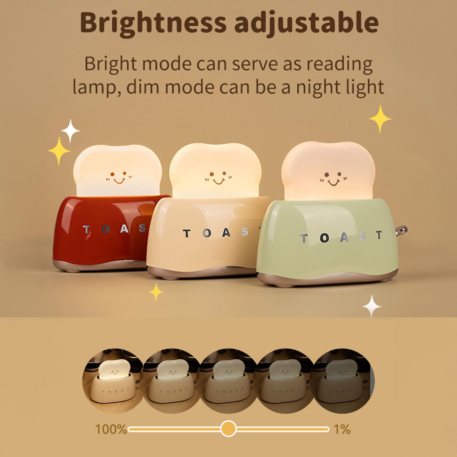 Cute Toast Lamp - Battery Powered Night Light for Kids, Rechargeable Desk Lamp with Adjustable Brightness, Kawaii Decor for Girls Bedroom - Perfect for Bedtime, Nursery, and Playroom Lighting