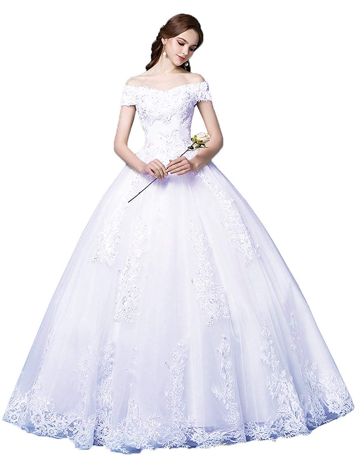 Elegant Off-the-Shoulder Princess Wedding Dress with Lace Applique - White Ball Gown for Brides (2024 Collection) | Perfect for Church Ceremonies, Beach Weddings & Formal Receptions