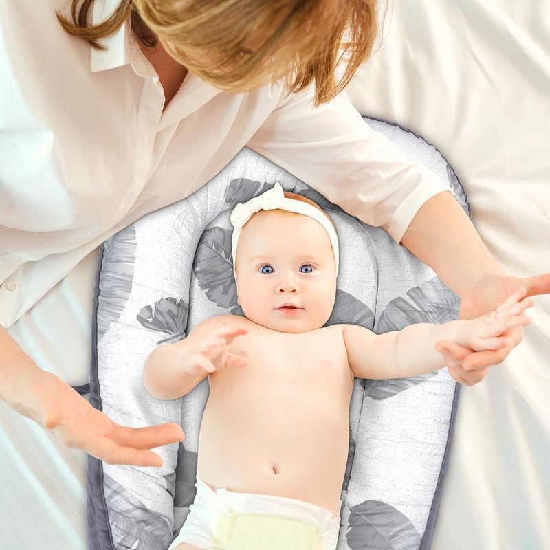 Premium Baby Lounger for Newborns 0-24 Months - Soft Infant Lounger with Breathable Cover | Essential Baby Gift for Nursery, Travel & Playtime | Lightweight Grey Leaves Design (Perfect for Cuddling, Napping & Tummy Time)