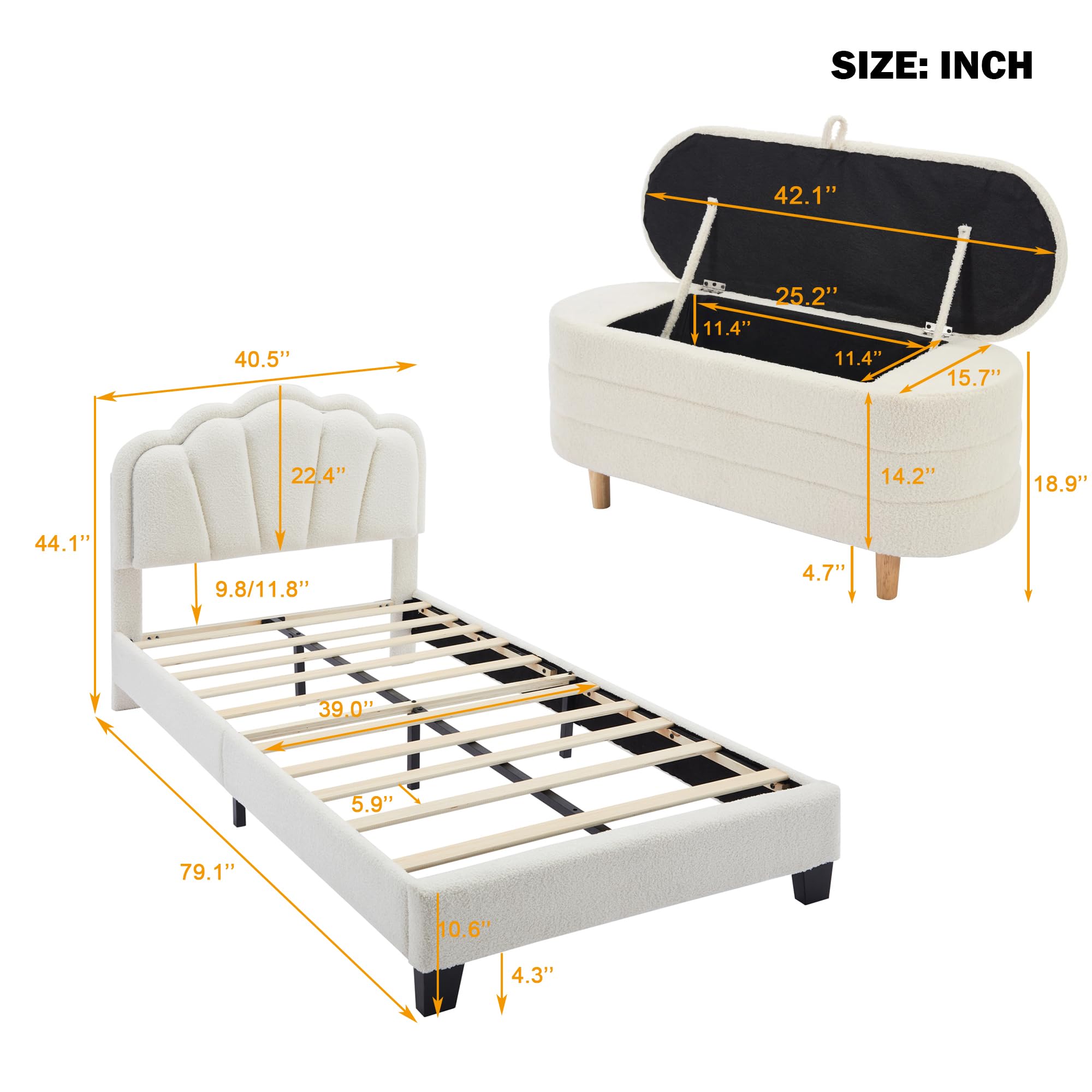 SOFTSEA Twin Size Upholstered Platform Bed with LED Lights & Storage Ottoman - 2 Piece White Bedroom Furniture Set for Modern Teens & Small Spaces | Perfect for Dorm Rooms, Studio Apartments & Guest Bedrooms