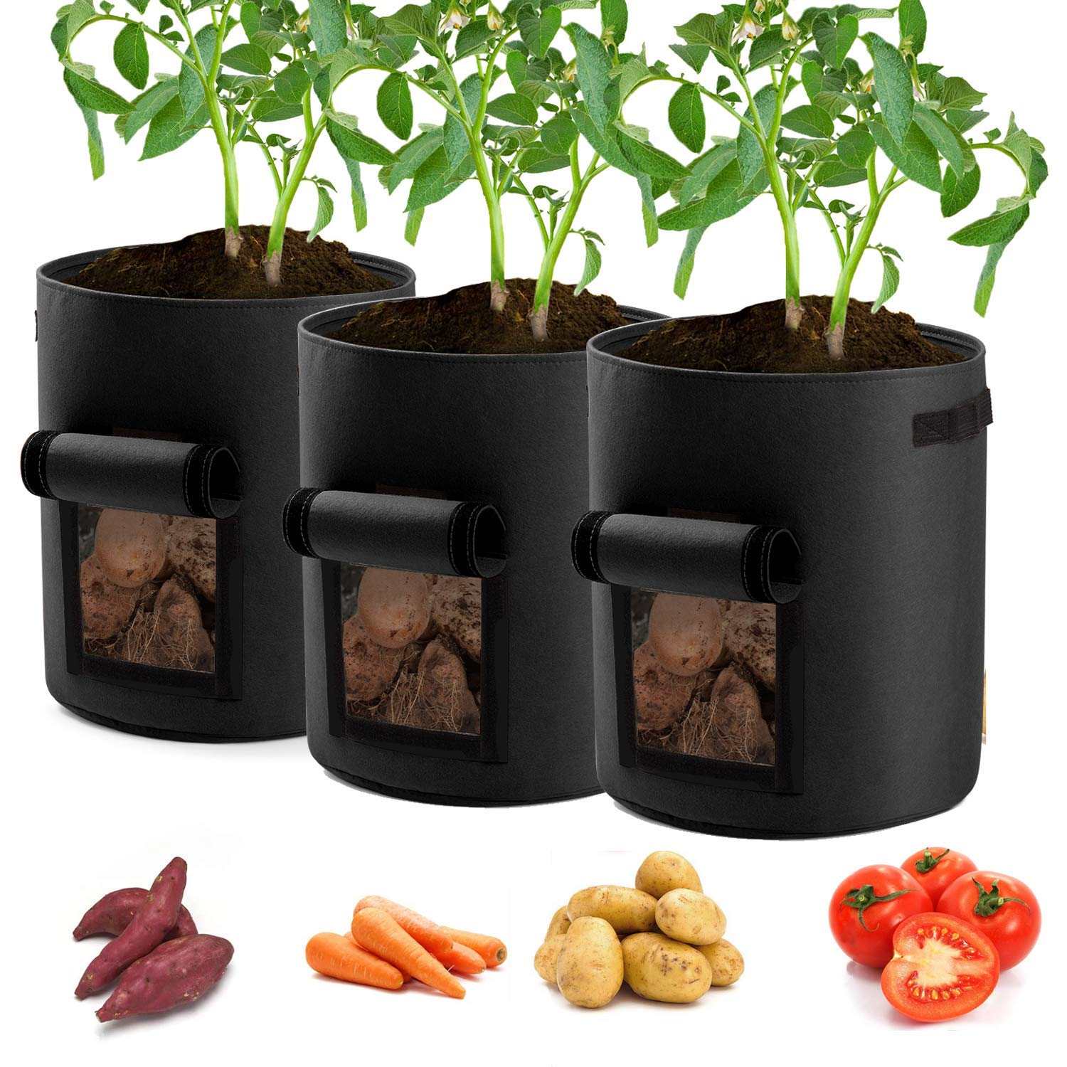 10 Gallon Potato Planter Bags 3-Pack - Breathable Grow Bags for Vegetables with Handles & Access Flap - Ideal for Tomatoes, Sweet Potatoes & Root Crops (Black) - Perfect for Indoor/Outdoor Gardening, Balcony & Patio Planting