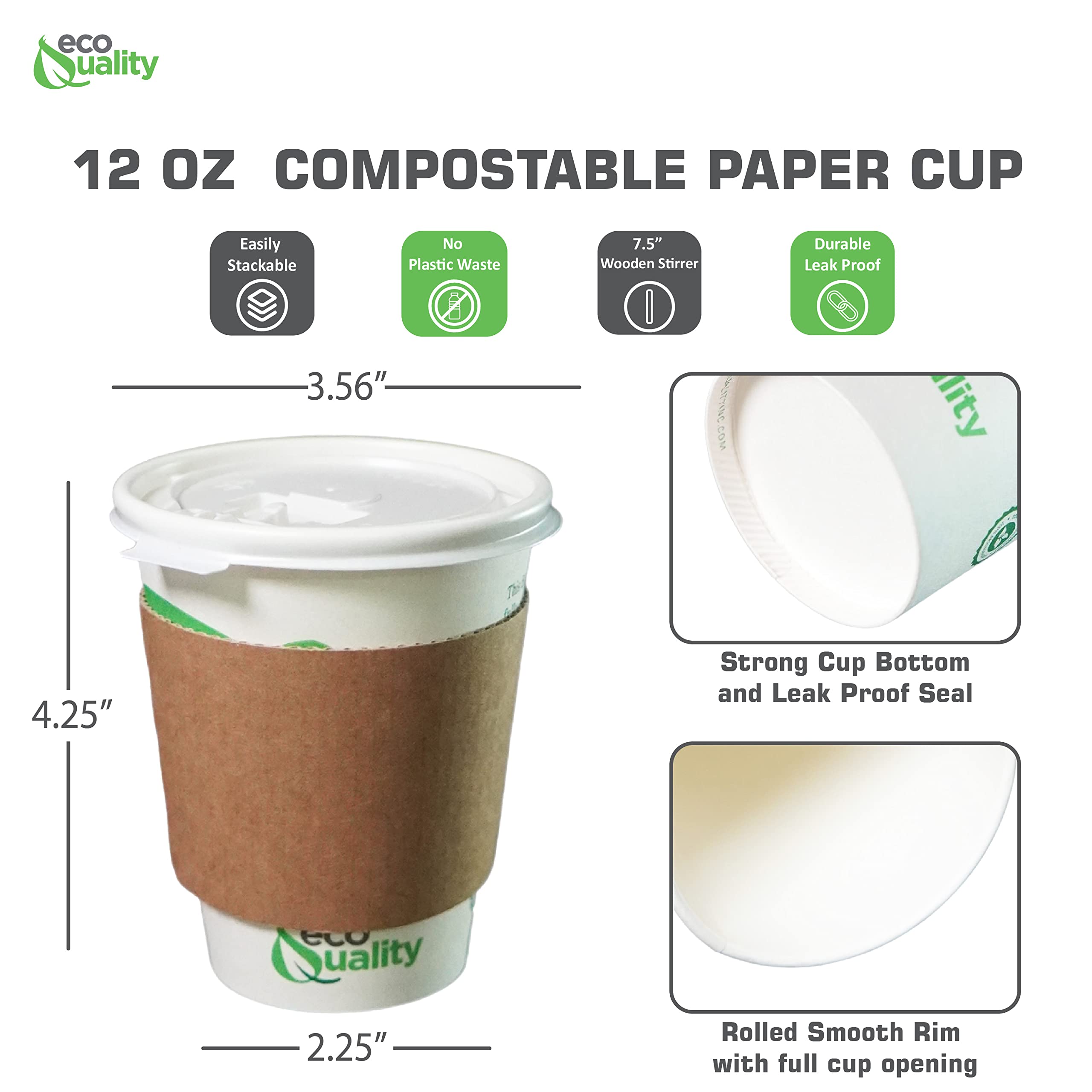 12 oz Biodegradable Compostable Paper Coffee Cups with White Flat Lids, Sleeves & Wooden Stirrers - PLA Lined Eco-Friendly Disposable Cups for Hot & Cold Beverages (300 Pack) - Perfect for Coffee Shops, Offices, Parties & Sustainable Events