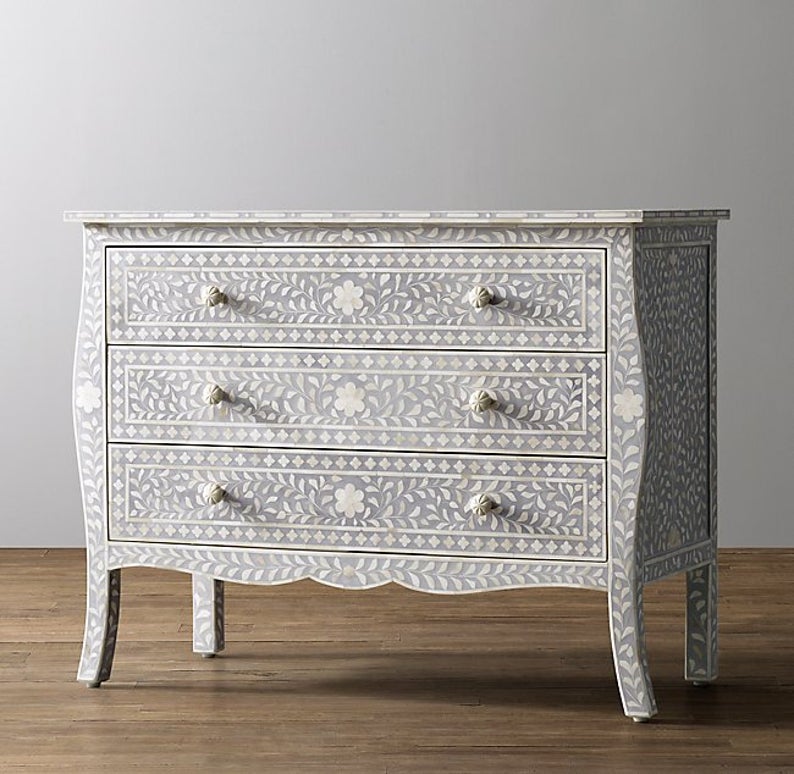 Handmade Bone Inlay 4-Drawer Colonial Dresser - Light Gray French Style Chest of Drawers for Bedroom, Living Room & Home Decor