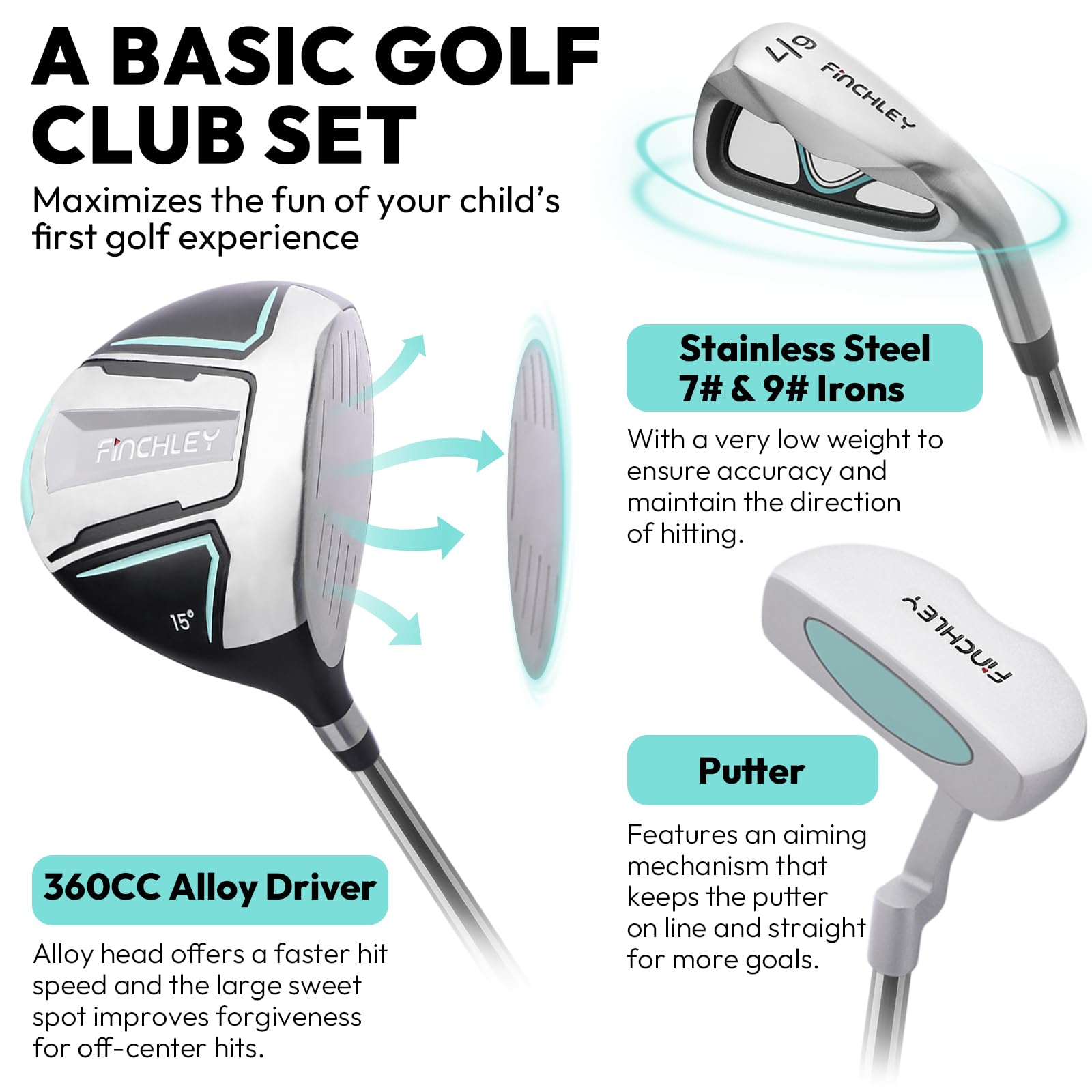 FINCHLEY Kids Golf Clubs Set for Boys & Girls Ages 4-7 - Right Handed Junior Golf Set with Driver, 7 Iron, 9 Iron & Putter - Perfect for Backyard Practice, Mini Golf & Beginner Training