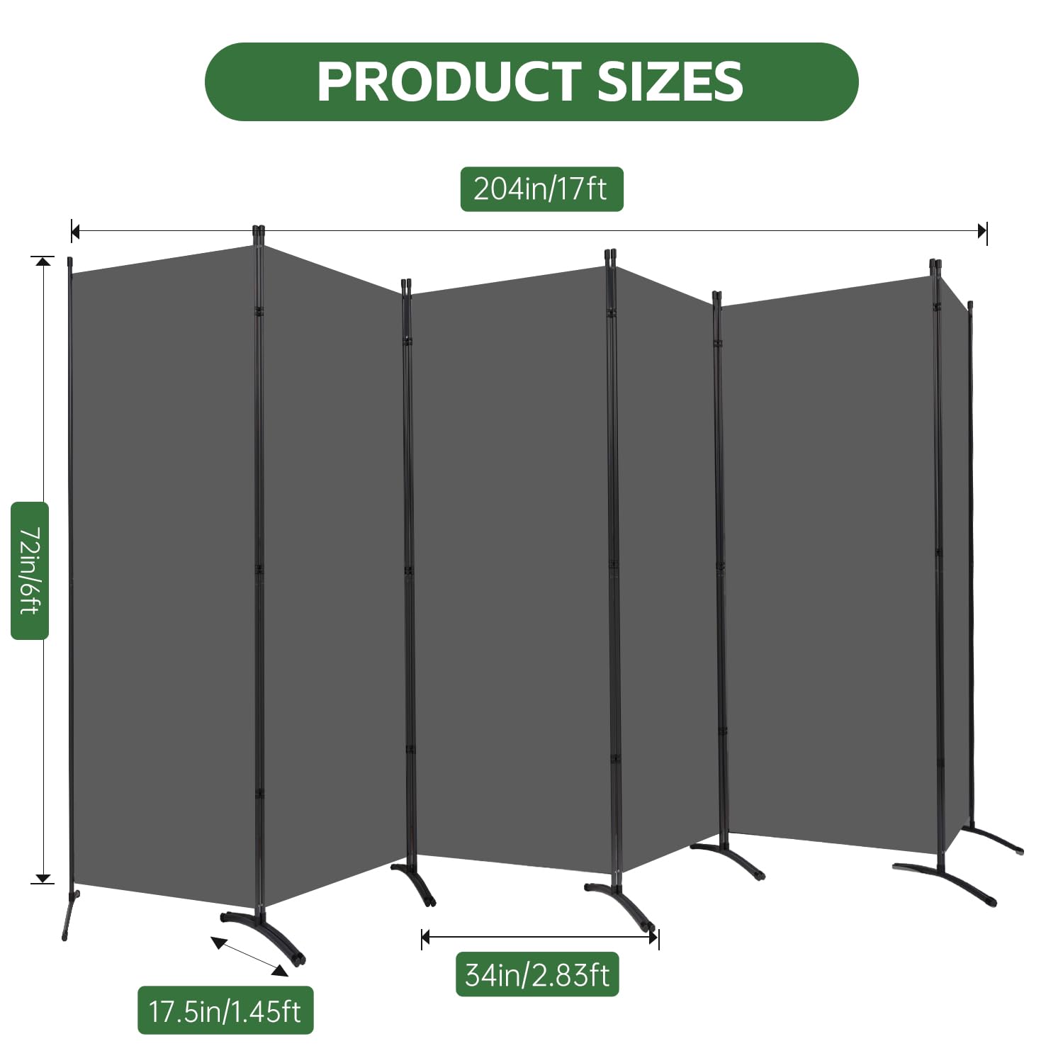 YASRKML 6-Panel Folding Room Divider Privacy Screen - Portable Freestanding Partition Panel with Fabric for Home & Office Separation - Grey | Ideal for Bedroom Privacy, Studio Dividers, and Open Space Organization