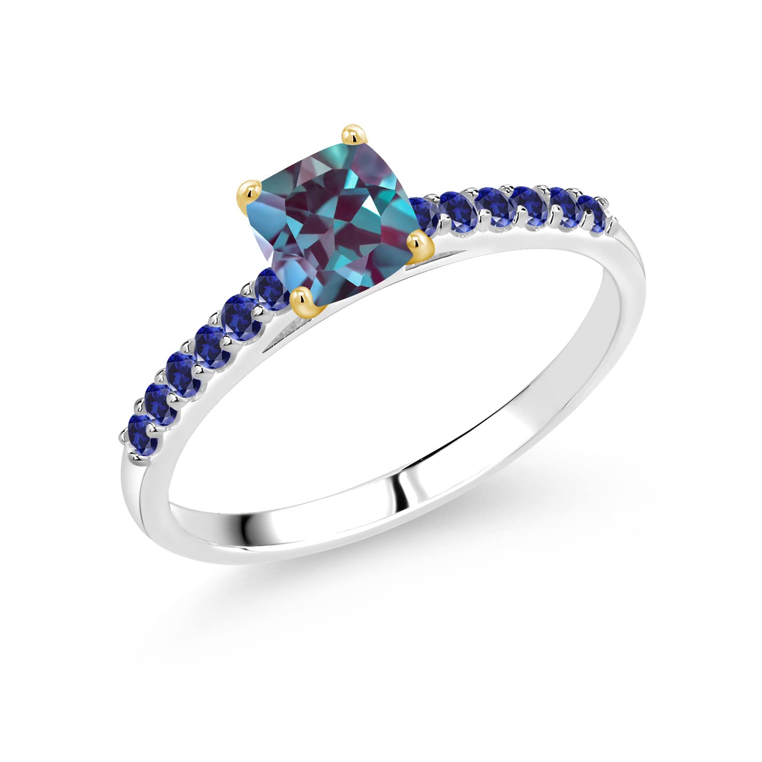 0.99 Ct Natural-Looking Created Alexandrite & Blue Sapphire 10K White Gold Ring with Yellow Gold Prongs | Gemstone Engagement Ring for Women | Perfect for Anniversary, Valentine's Day & Special Occasions